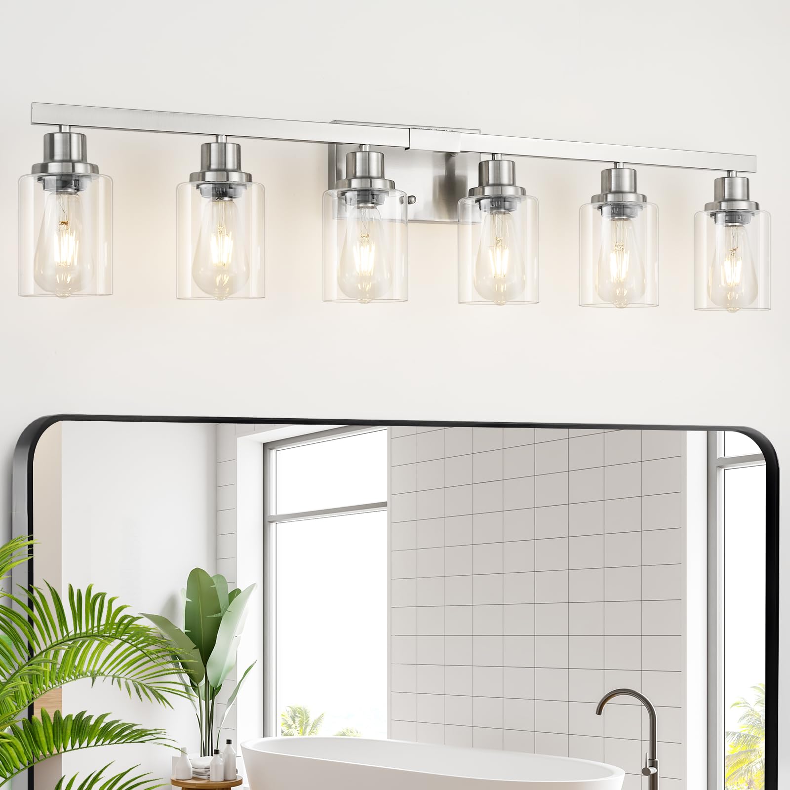 Dikaida 6-Light Bathroom Vanity Light, Nickel Metal Wall Sconce With Clear Glass Shade, Model Ns-6