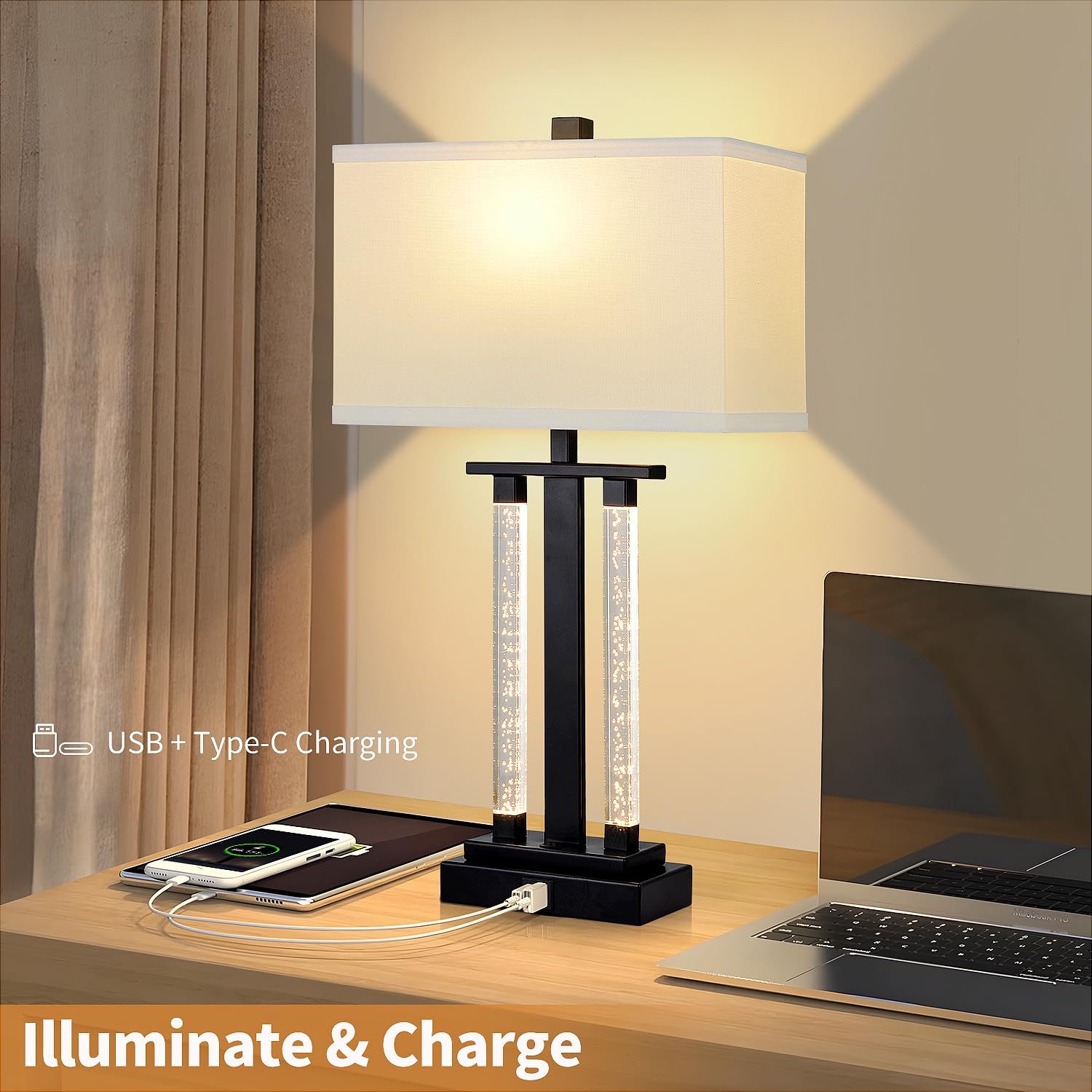Lovlast Modern Table Lamps Set of 2 - 23" Black Bedside Lamps with 3-Way Lighting, USB Charging Port, 2 Bulbs Included, Model HD-TB1211