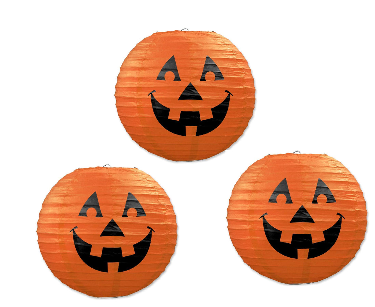 Beistle 9.5-Inch Jack-O-Lantern Paper Lanterns, Orange/Black, 3-Pack For Halloween Decor