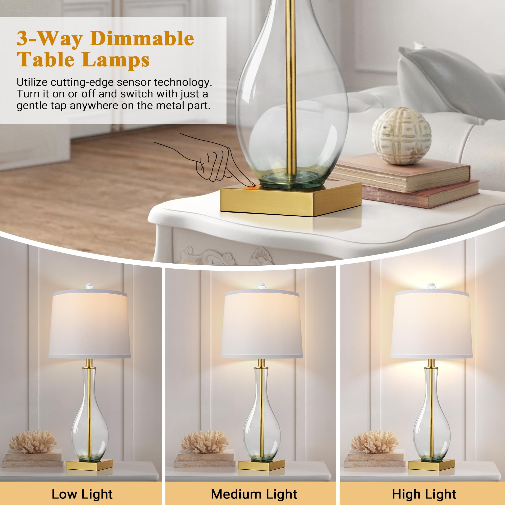 WIHTU Table Lamps Set of 2, Touch Control, 27in Glass Bedside Lamps, 3-Way Dimmable, USB C/A Charging, Gold, Model WTLP357AJ