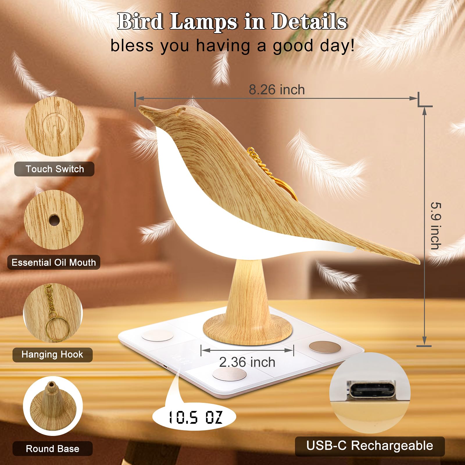 GODENBA Small Cordless Bird Lamp, Touch Night Light with 3 Color Temperatures, Rechargeable, Model SD-TBL, 1Pack