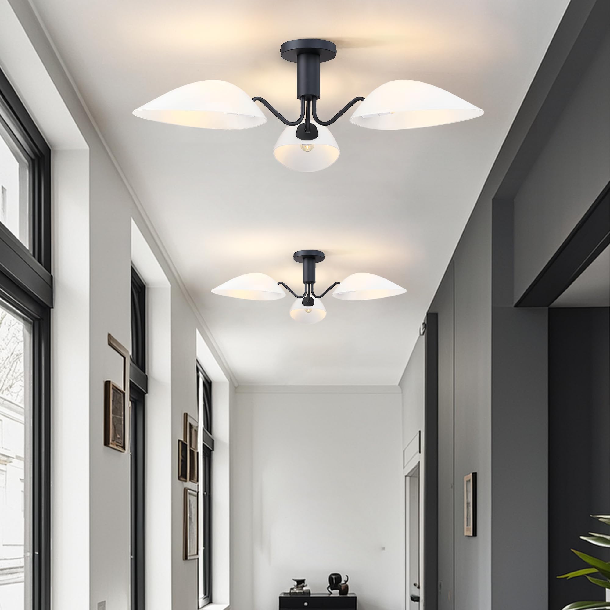 Modern Black 3-Light Ceiling Light With Opal White Glass Shade Semi Flush Mount Ceiling Light For Living Room Hallway Sputnik Ch