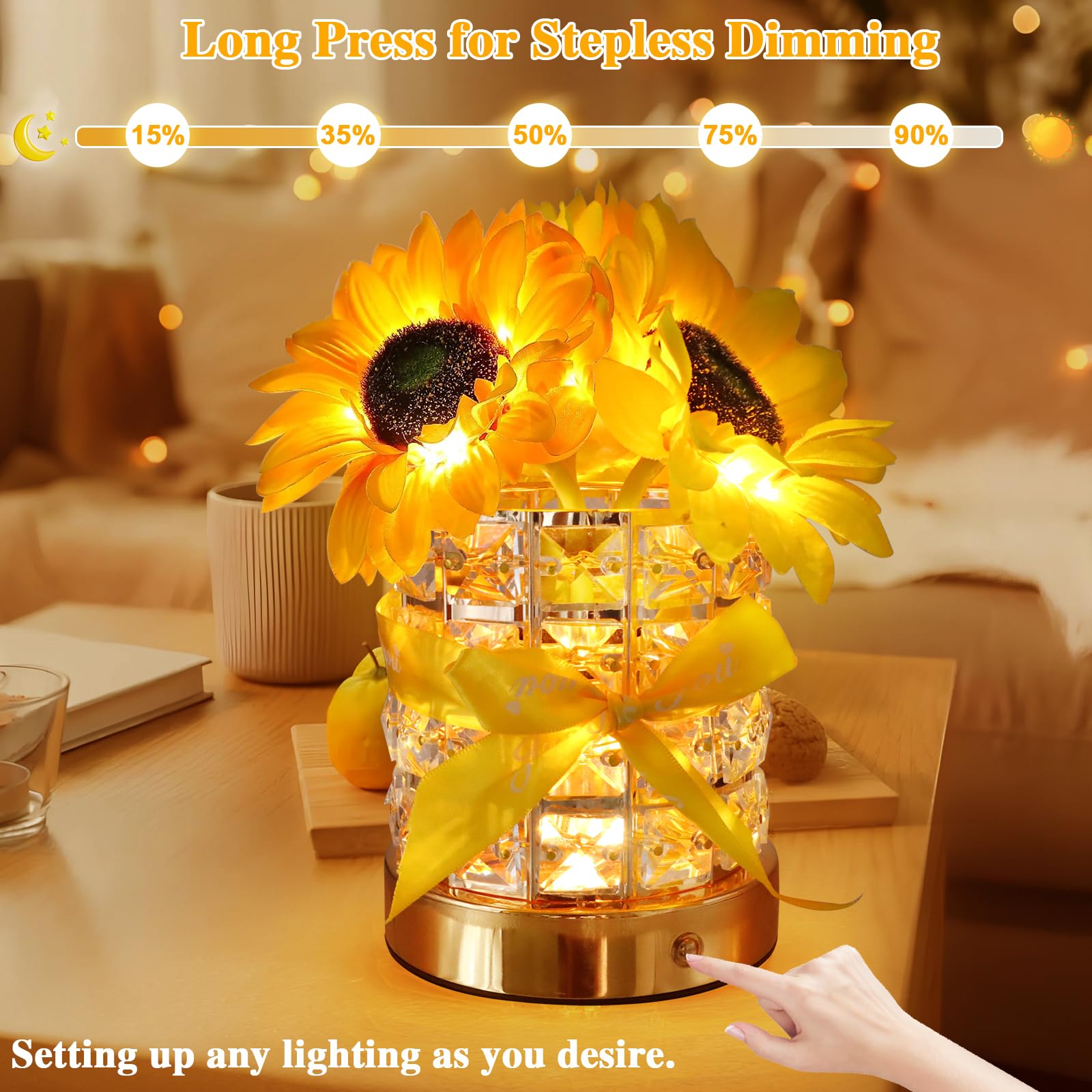 Valentine'S Day Gifts Birthday Gift For Women/Mom Crystal Flower Lamps,3 Color Bedside Lamps Infinitely Dimming With Usb Charge