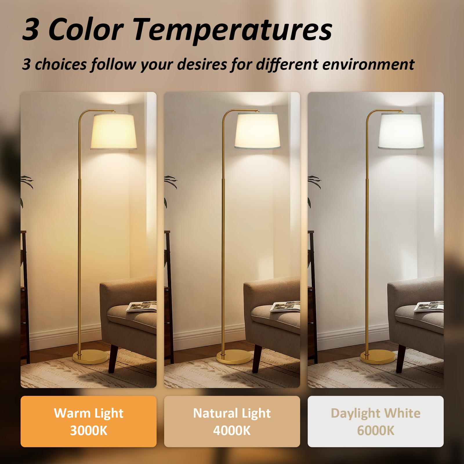 AKASUKI Floor Lamp with 3 Color Temperatures, 9W LED Bulb, Gold Base, White Shade, Model LT-1125