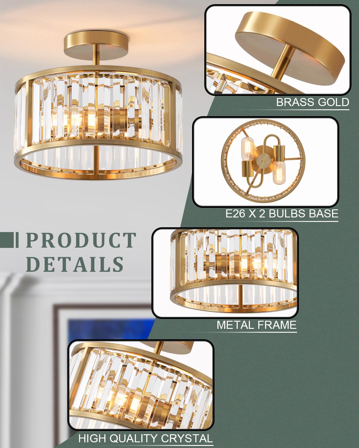 Lhlyclx Brass Gold 2-Light Caged Crystal Flush Mount Ceiling Light - Small Drum Fixture
