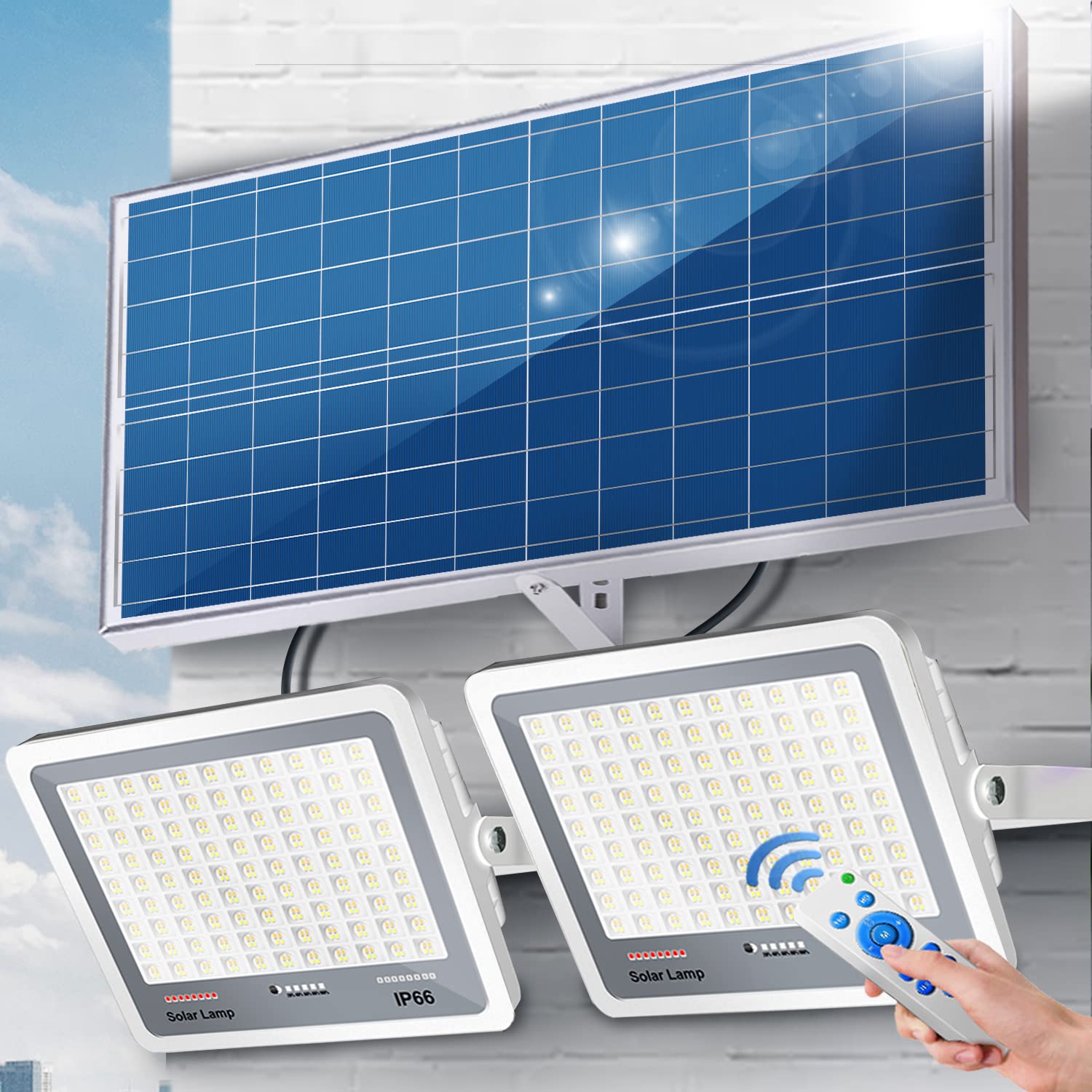 Dawumt Solar LED Flood Lights Set, 300W Dimmable, 3000K-7000K, Remote Control, IP66 Waterproof, White