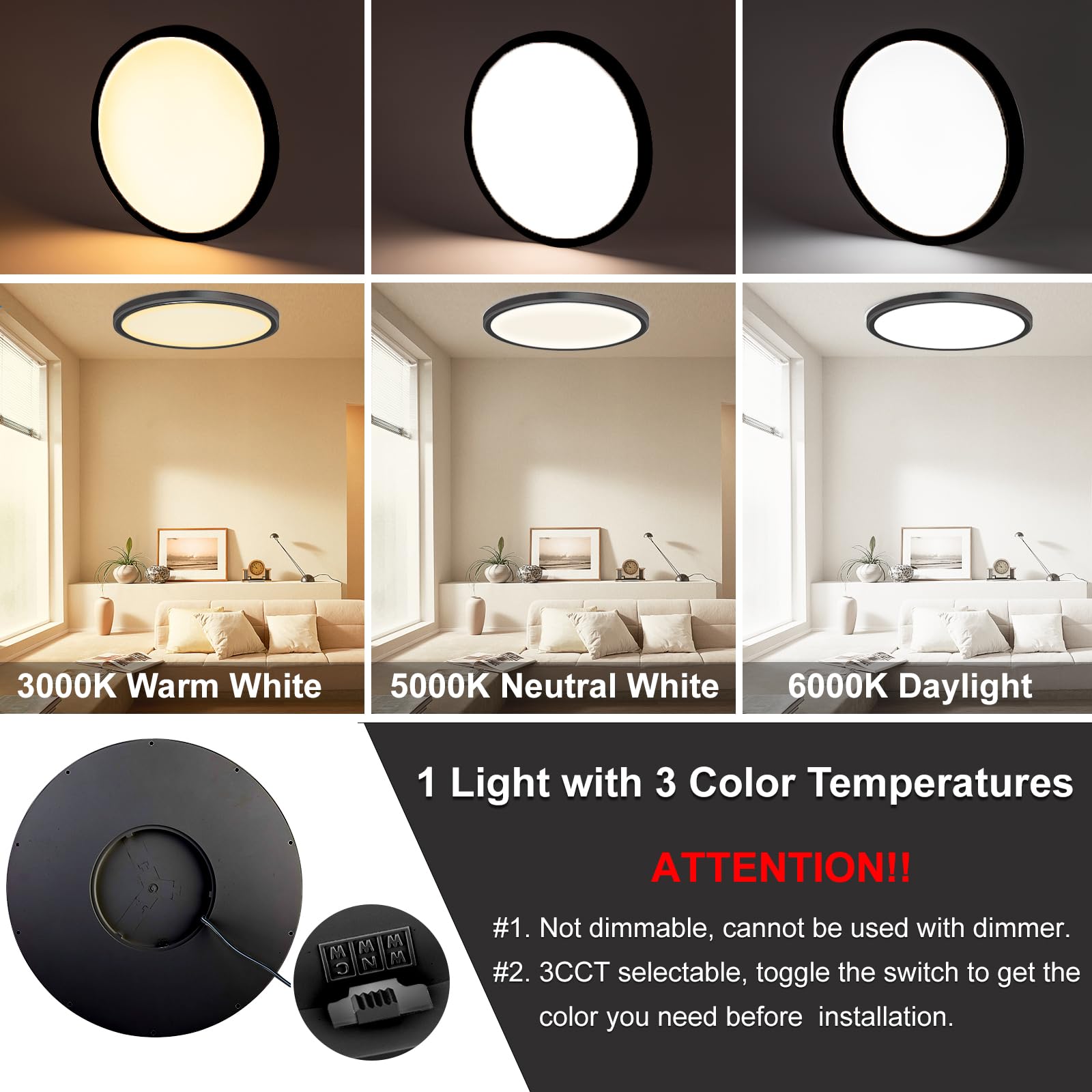 Lzhome Led Ceiling Light, 42W 4500Lm Ultra-Thin Surface Mount Light Fixtures, 15.8 Inch 3000K/4500K/6000K 3Cct Selectable Flush Mount Ceiling Light For Living Room, Bedroom, Kitchen
