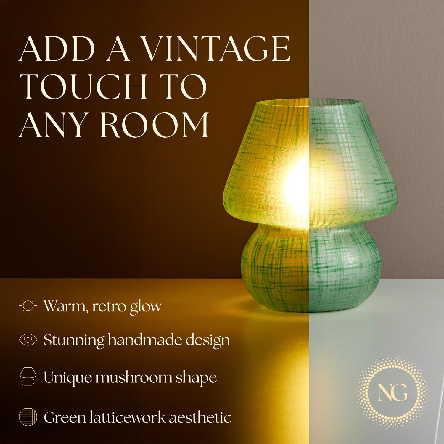 Next Glow LED Mushroom Table Lamp - Dimmable Night Light for Bedrooms & Kids Rooms - Small Green, Model LT-0328-1, Glass Material