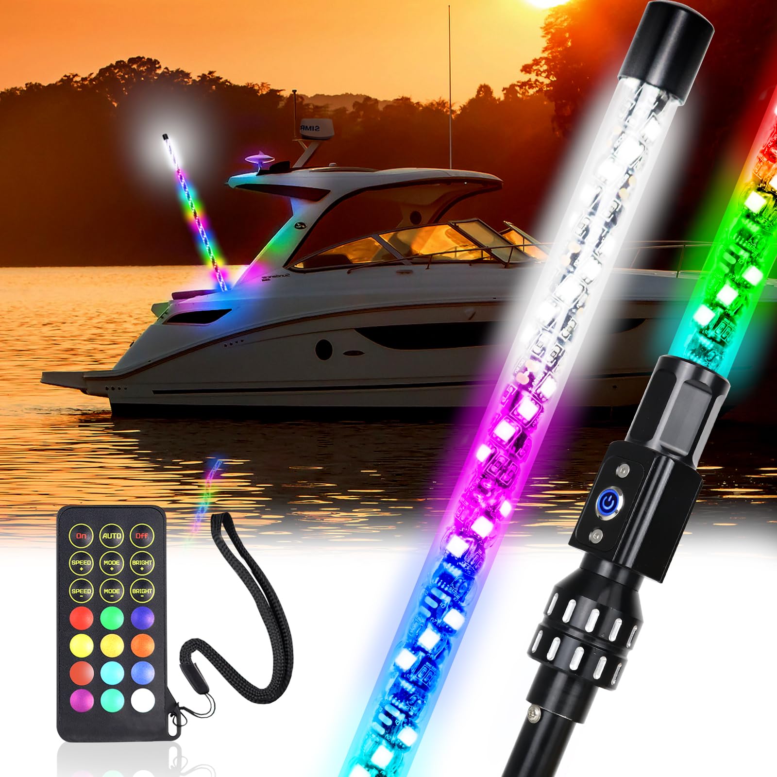 Yiswhis 4FT Spiral Boat Stern Light with Remote Control, White Navigation Light for Fishing Boats and Yachts