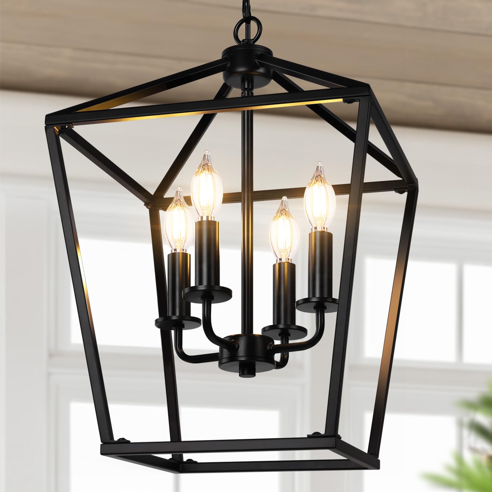 Farmhouse Chandelier 4-Light, Black Pendant Light Fixture for Kitchen Island Dining Room, Lantern Industrial Lighting Ceiling Ha