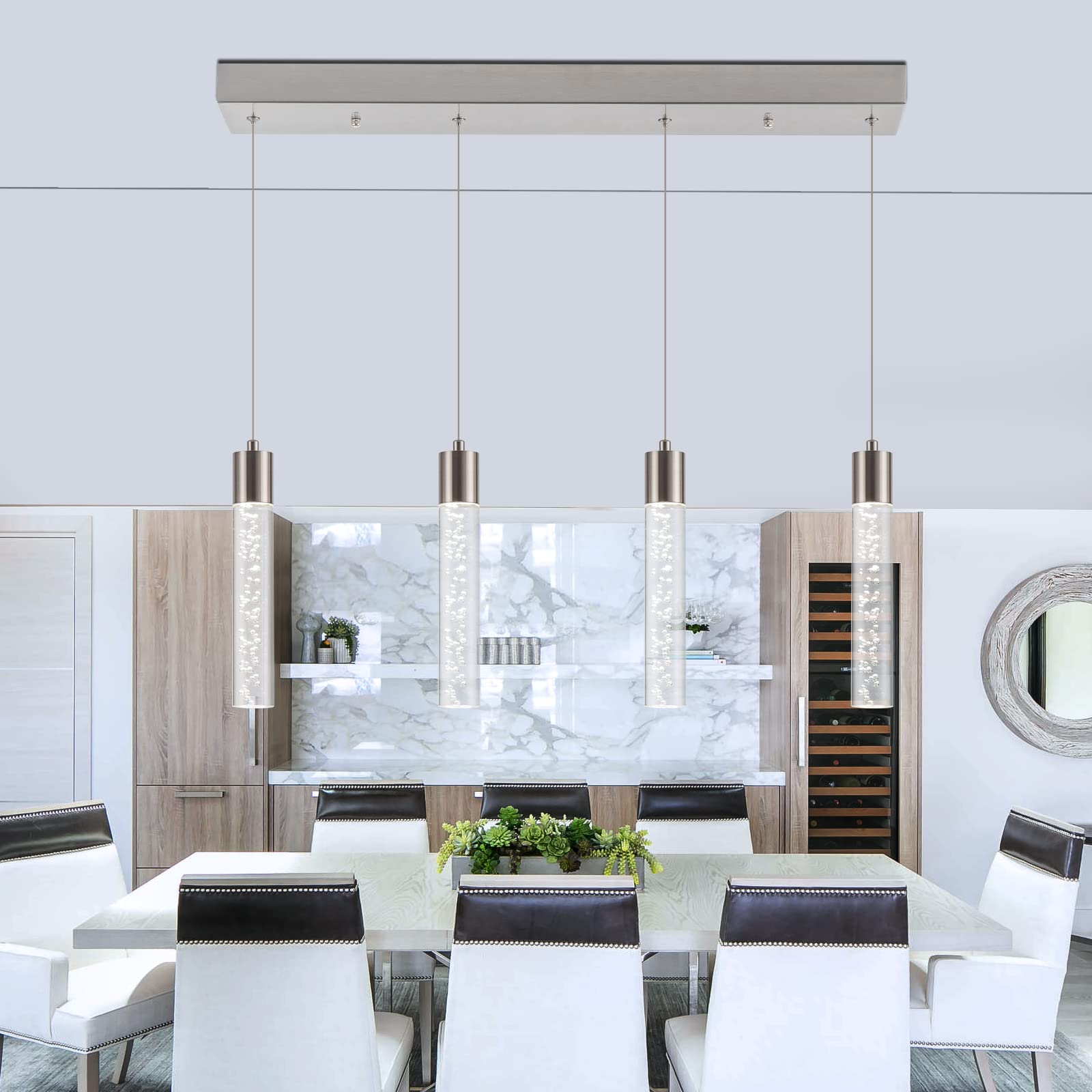 BESTWEST 4-Light Pendant Light Fixture, Dimmable, Remote Control, Brushed Nickel, Model BW-02-4-BN32W for Kitchen Island or Dining Room