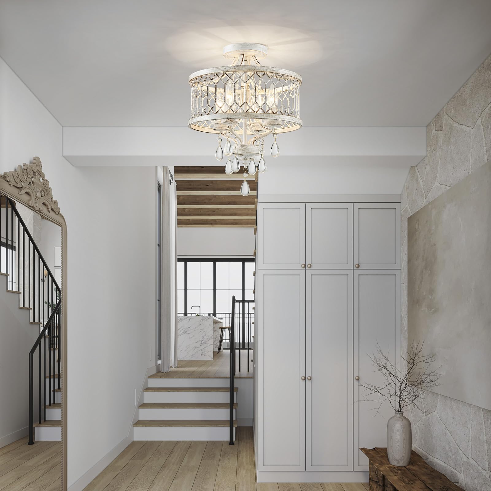 Crystal Ceiling Light Fixture  Modern Semi Flush Mount Ceiling Light  Farmhouse Crystal Chandeliers For Dining Room Light Fixture  Hallway Lighting Fixtures For Kitchen Bedroom Bathroom Foyer Entryway