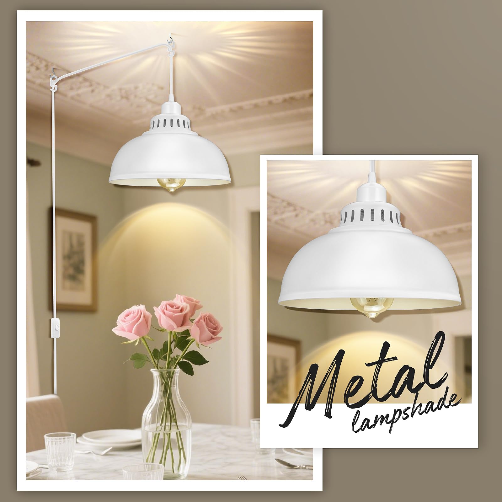 SoodMi Plug-in Pendant Light - 15FT Industrial Metal Hanging Lamp, Big White, with On/Off Switch, Model PLDG-0015 for Living Room & Kitchen