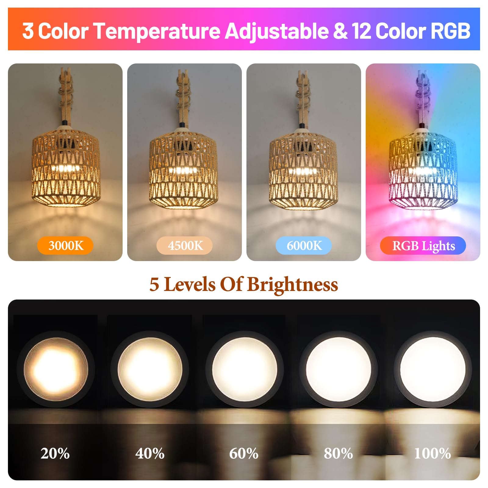 NOVCAND Battery Operated Wall Sconce Set of Two, Rechargeable Rattan, RGB 15 Colors Dimmable, Black, Model TW20240806-A