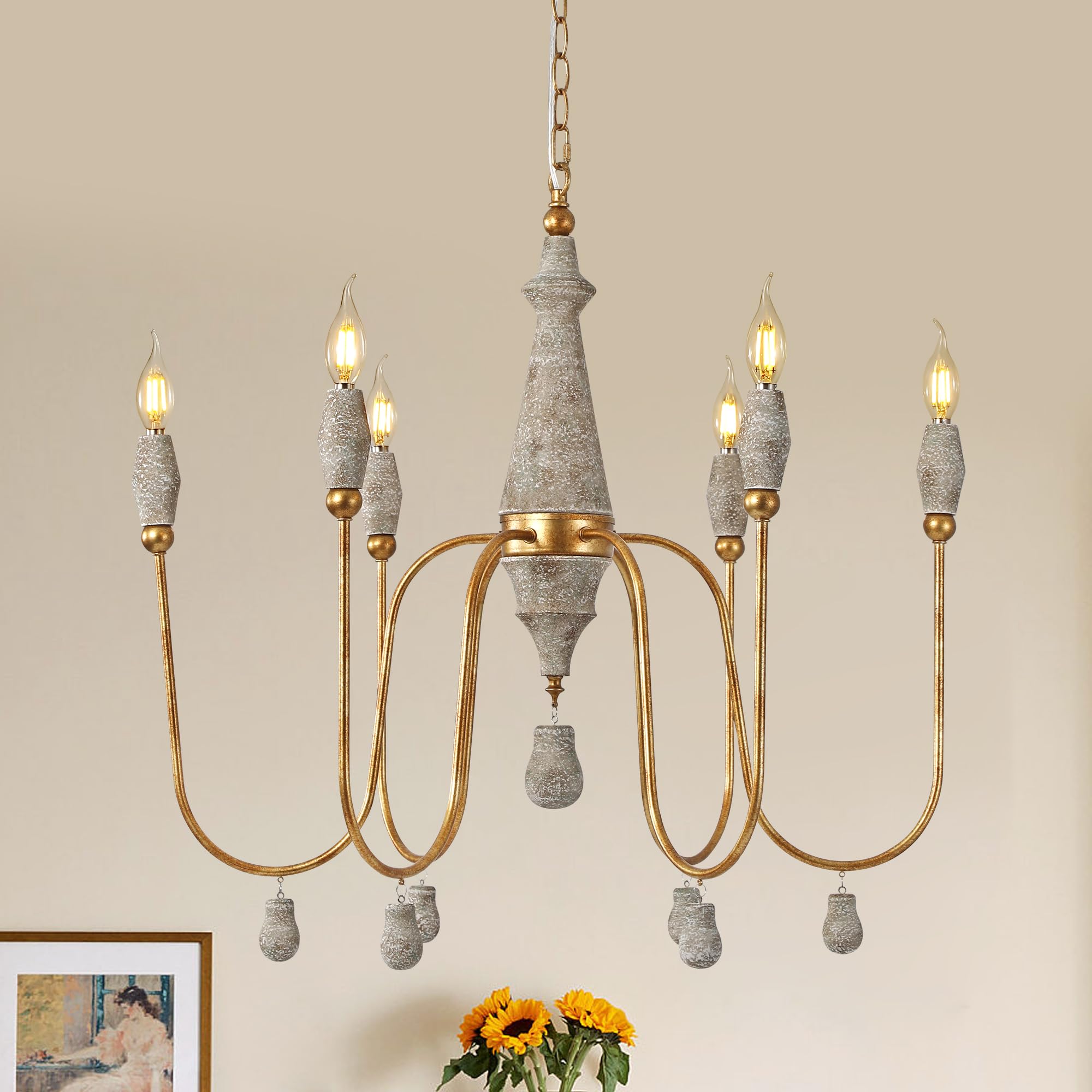 28.5 French Country Chandelier  6-Light Farmhouse Dining Room Light Fixtures Over Table  Vintage Antique Wood Chandelier for Bedroom Kitchen Island Entryway Living Room Office