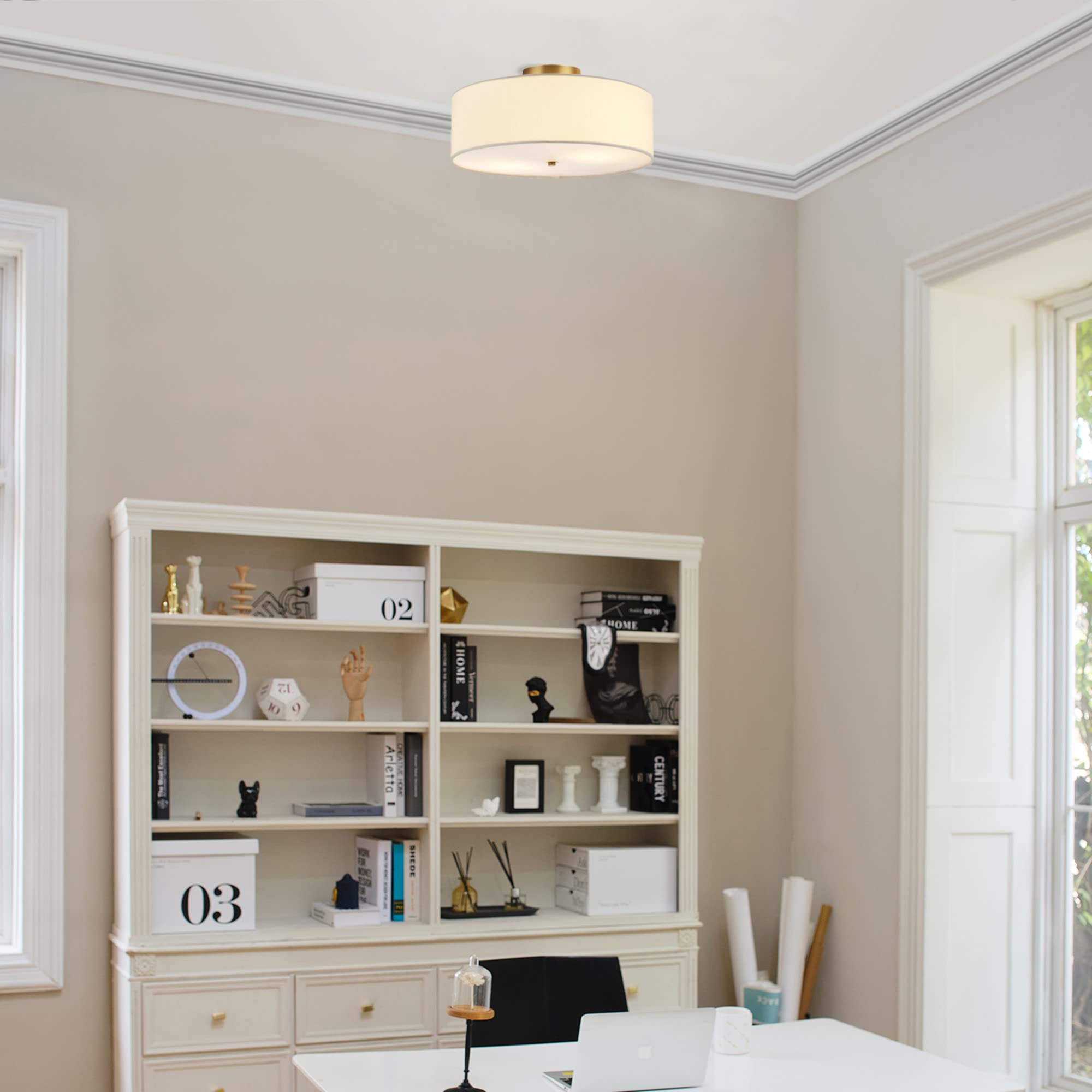 Globe Electric 60998 2-Light Flush Mount Ceiling Light, Matte Brass, White Linen Shade, Kitchen, Lights, Bathroom, Home Essentia