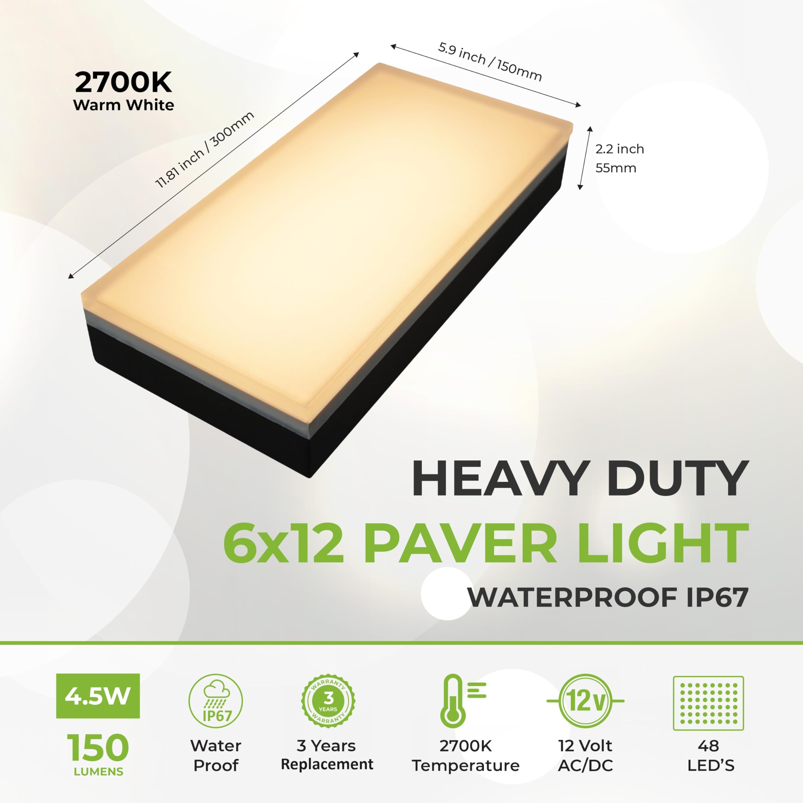 Lumengy Paver Light 6X12 Inch (5.9 X 11.81 Inch), Warm White 2700K Glare-Free Illumination For Driveways, Pathways, Pool Deck &