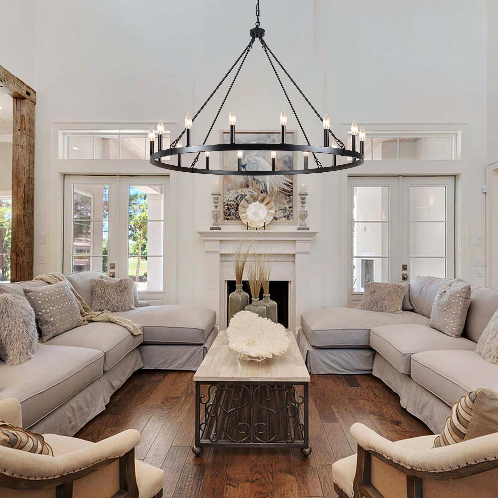 16-Lights Wagon Wheel Chandelier Farmhouse Chandelier 47 Inch Black Chandeliers For Living Room Large Chandeliers For High Ceilings Outdoor Chandelier Round Chandeliers For Dining Room Entryway Foyer
