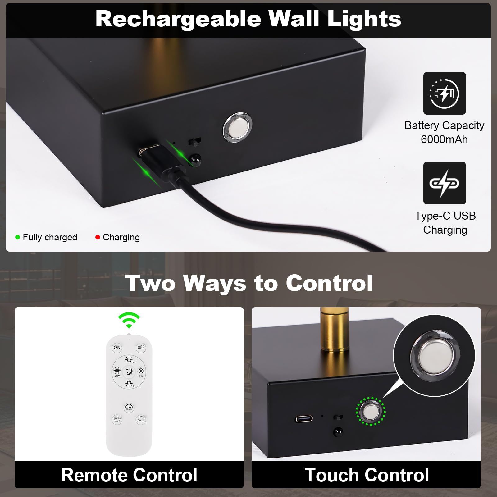 JZEKVN Wall Sconces Set of Two, Dimmable 29.1in Black Gold, Battery Operated, 350° Rotation, LED Wireless Rechargeable, Model 202411