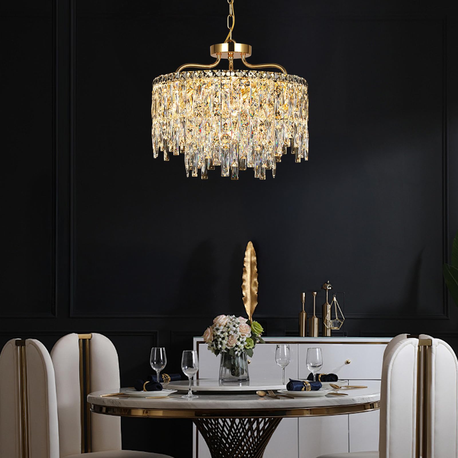 NISIDUN 6-Light Gold Crystal Chandelier, Modern Pendant Lighting for Dining Room, 18" Diameter, Luxury Ceiling Fixture