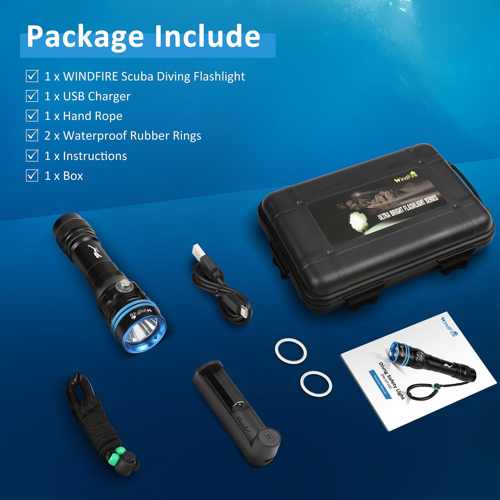 Windfire Dive Light - Super Bright Rechargeable Diving Flashlight With 4 Modes & Power Indicator  Narrow Angle Focused Beam  Waterproof Torch For Snorkeling  Scuba Diving & Underwater Exploration