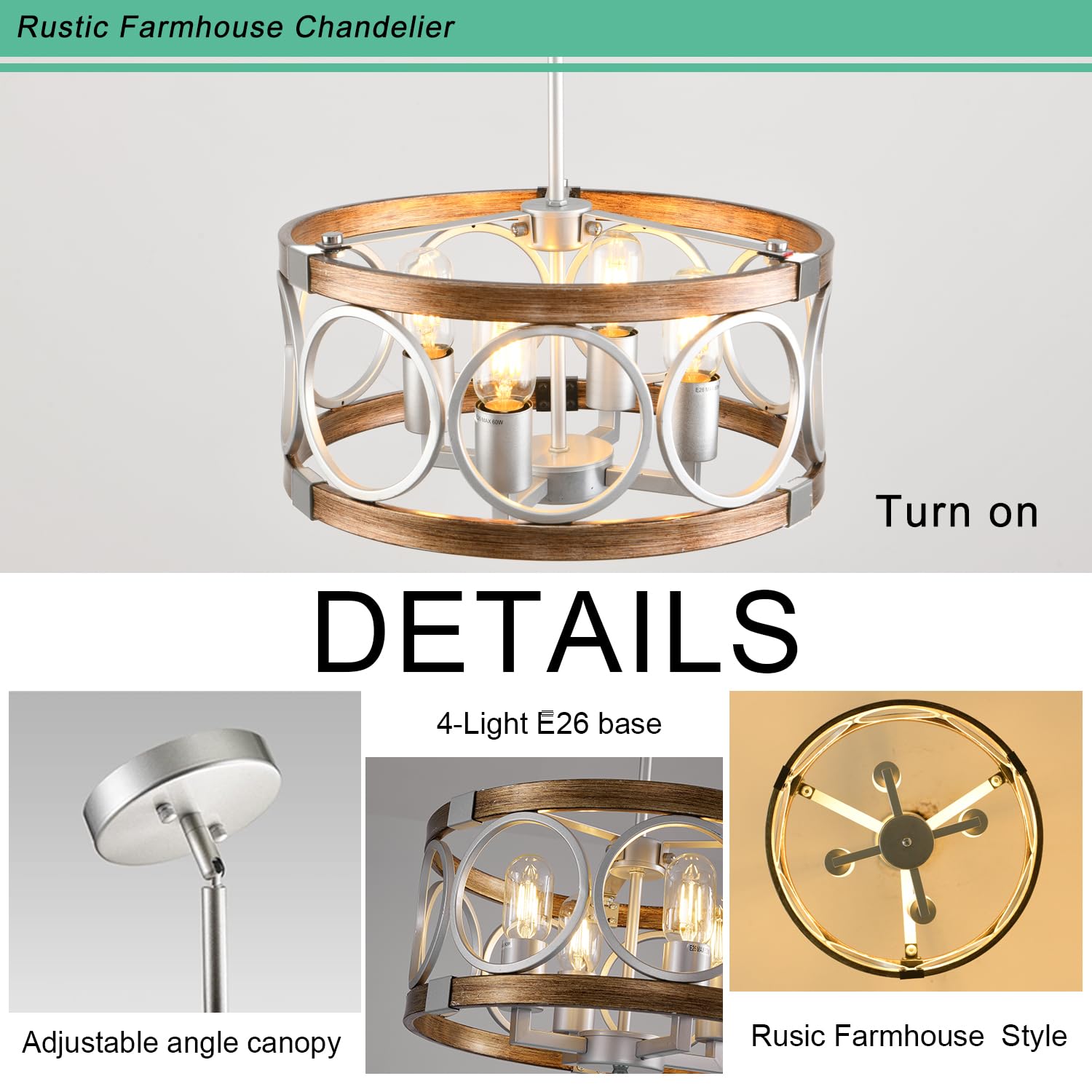 Shiandar 15.7'' Drum Chandelier, 3-Light Adjustable Height Round Dining Roomchandeliers, Silver Light Fixture Ceiling Mount Wood Grain Finish, Farmhouse Ceiling Light Fixture For Hallway