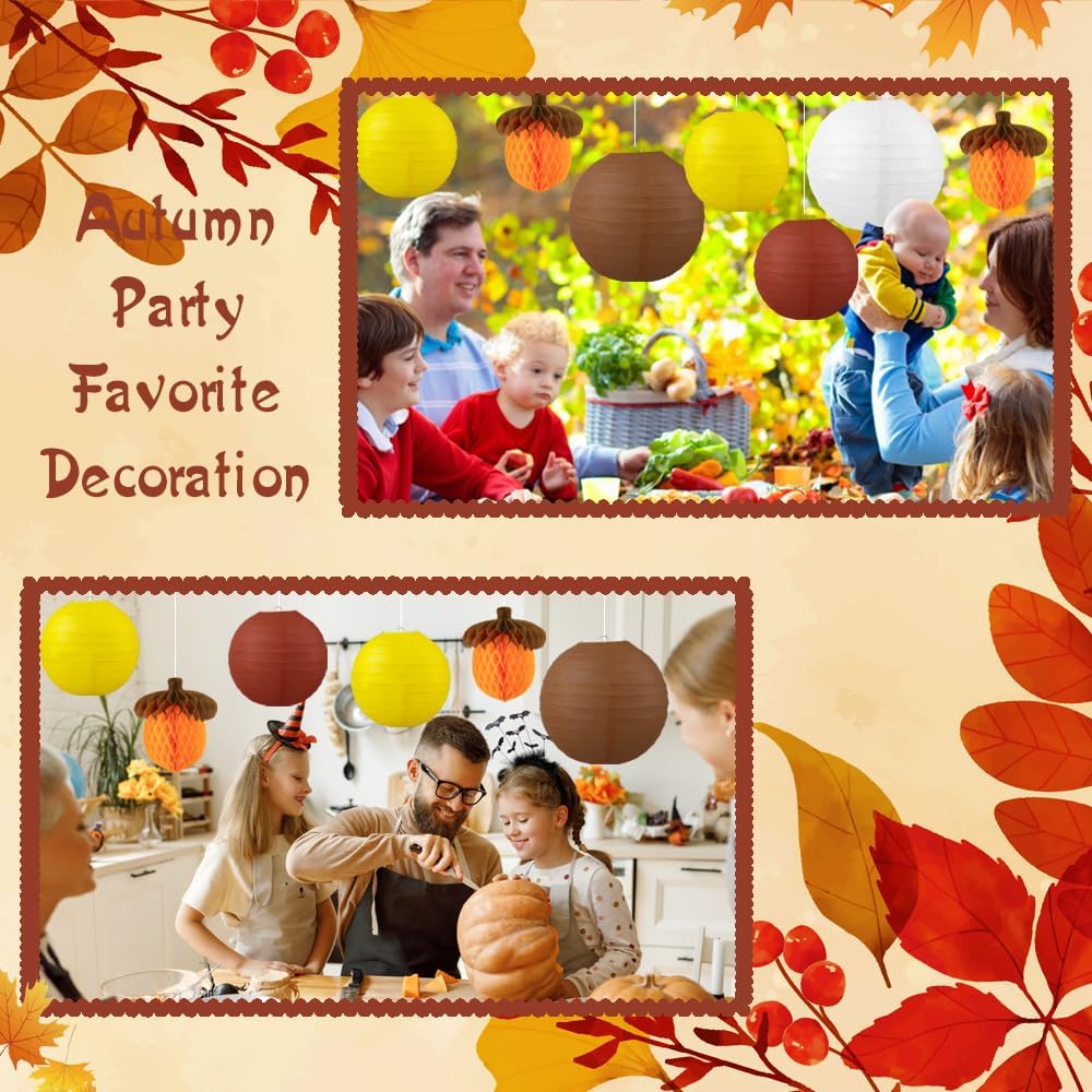12 Pieces Fall Paper Lanterns Thanksgiving Decorations Yellow Orange And Brown Pine Nut Honeycomb Paper Lanterns For Autumn Decorative Round Hanging Party Decorations Harvest Theme Party Supplies