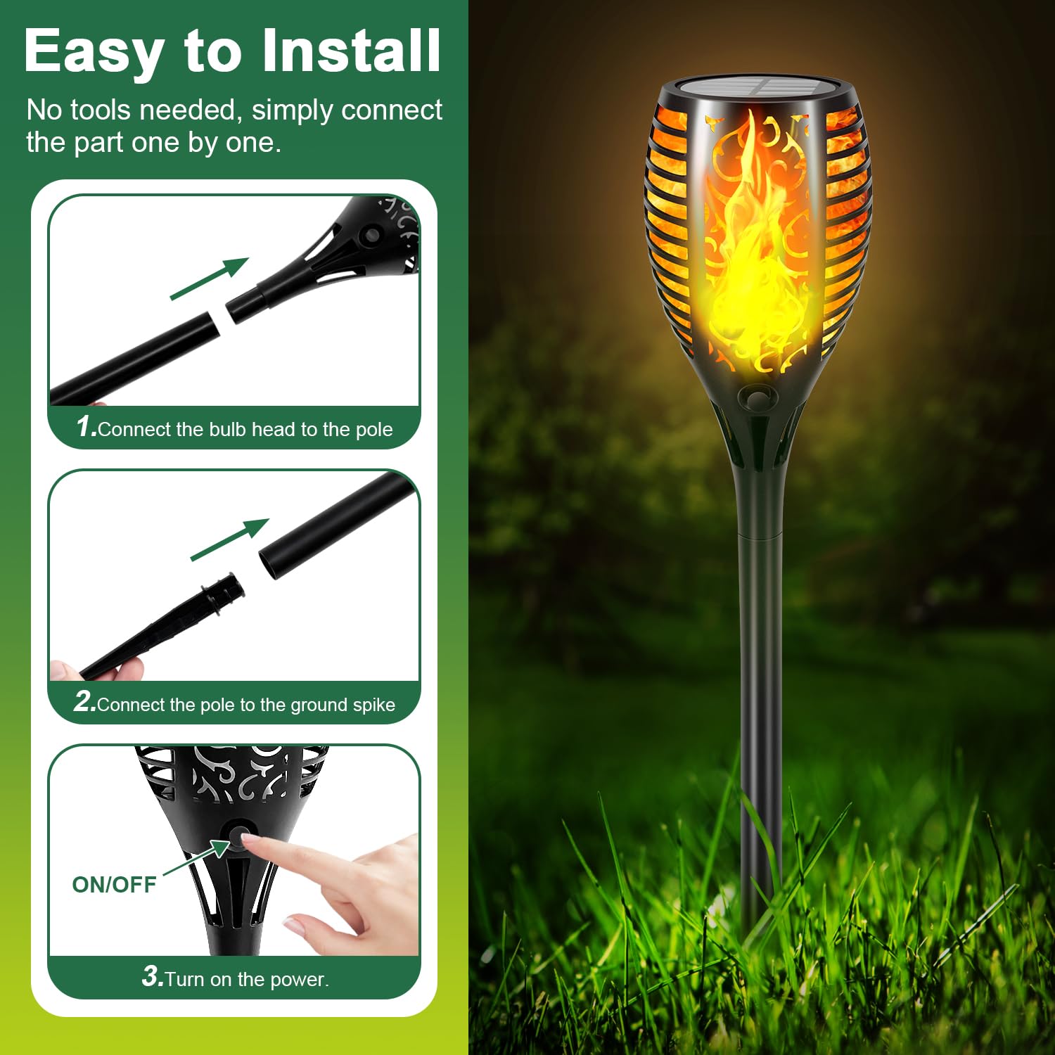 Mionsiden Solar Torch Lights - 51 LED Flickering Flame, 23in Waterproof Tiki Torches, 6 Pack, Large, Black with Orange Flame Effect