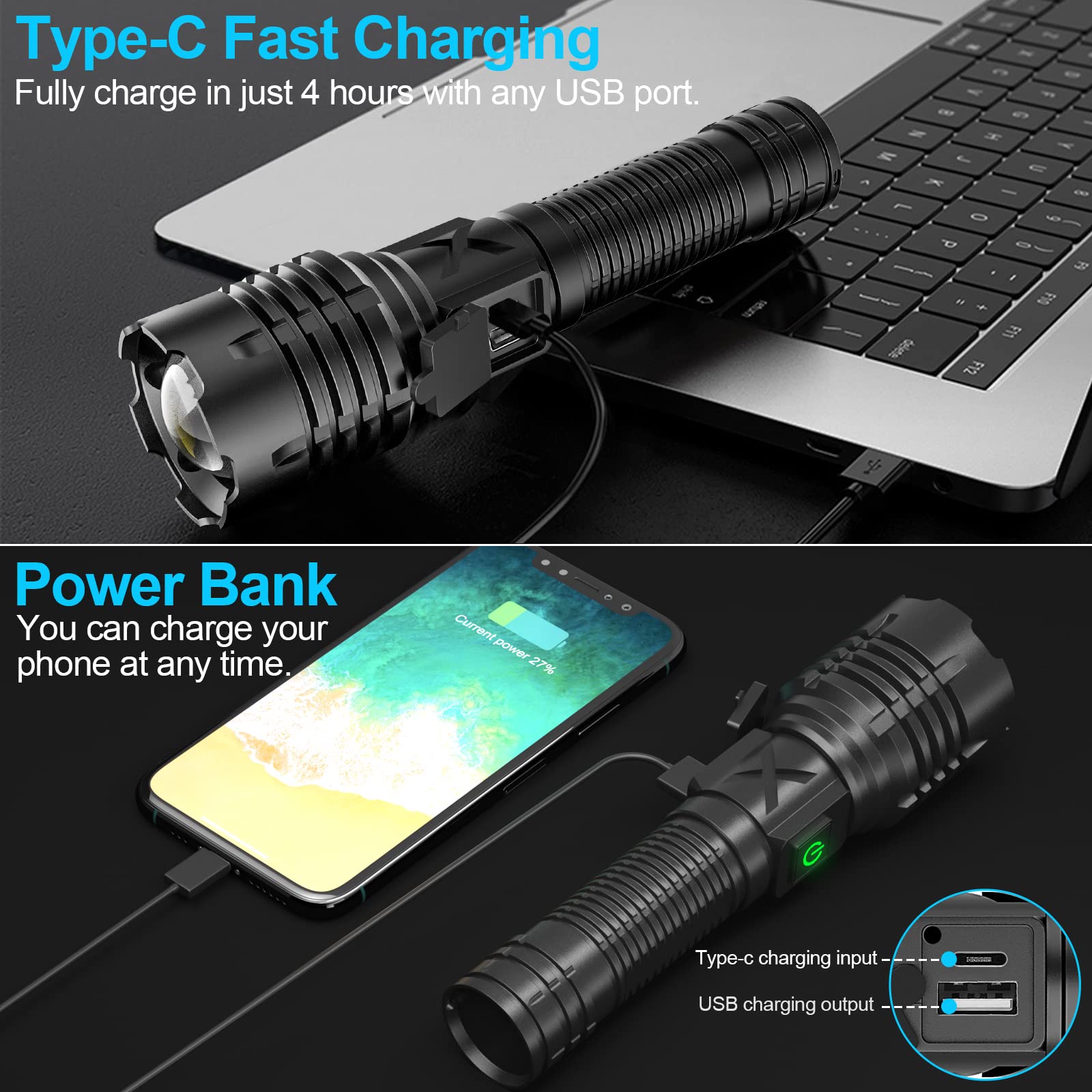 Banral High Lumens Rechargeable Flashlight XHP70.2, 5 Modes, Zoomable, IPX6 Waterproof, Model T031, Aluminum, T031-1 Pack