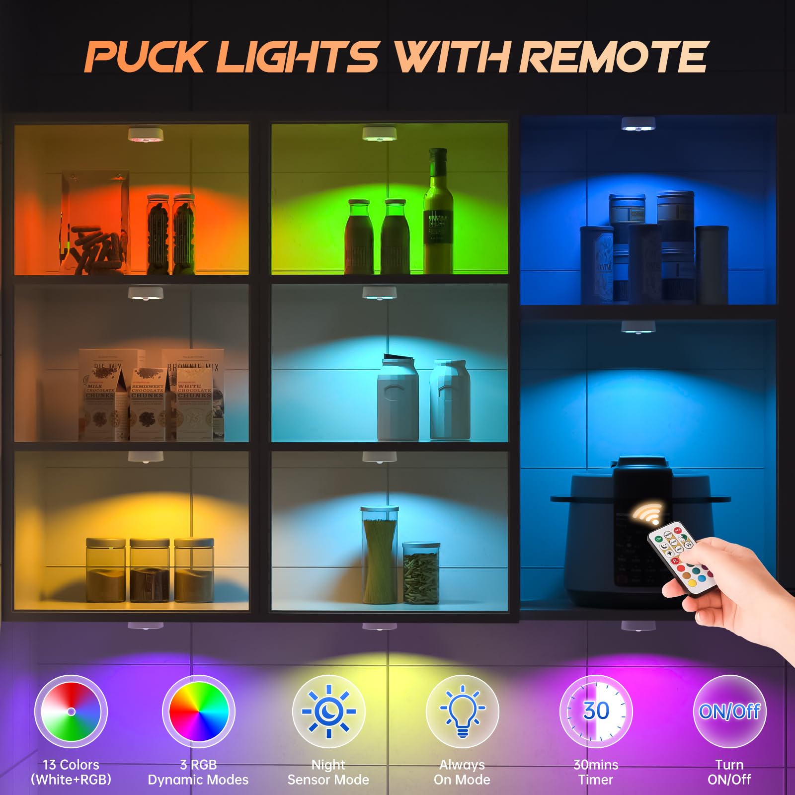 Lightbiz Wireless Step Light - RGB Motion Sensor Puck Lights, 3 Pack, Rechargeable, Under Cabinet, Colorful, Model C900-3
