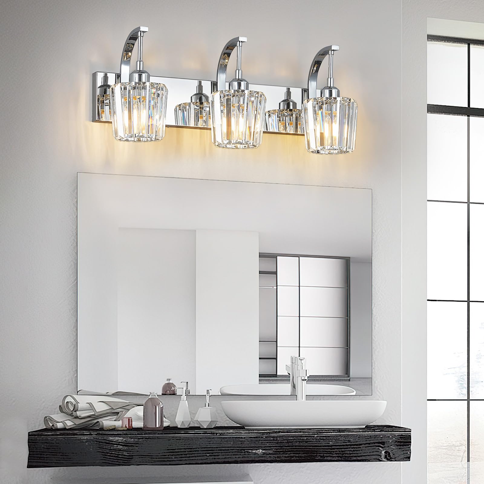 Fdpby Modern Bathroom Vanity Light  3-Light Chrome Wall Sconce With Crystal Accents  Over Mirror Bathroom Lighting Fixture  23.62 Long Dimmable Vanity Lamp For Makeup  Easy Installation