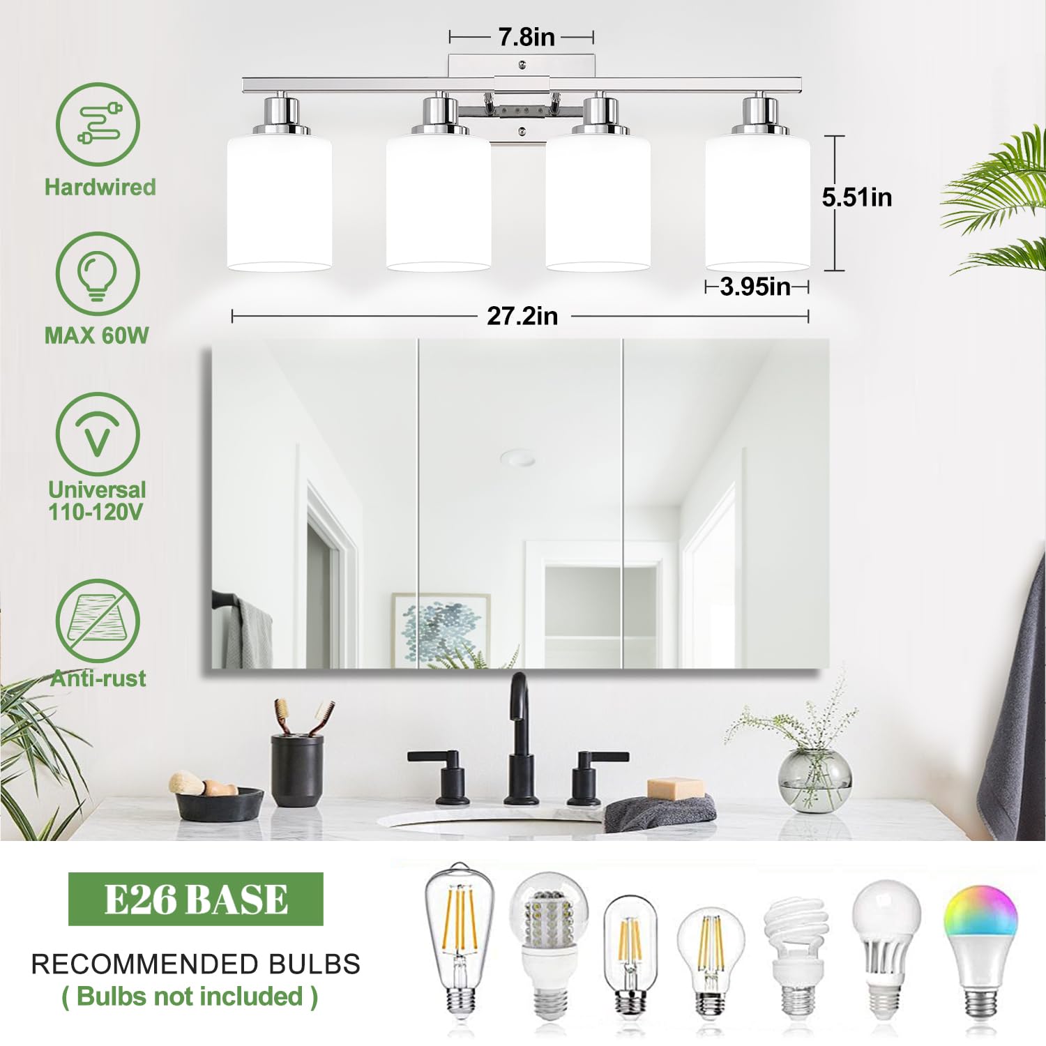 4-Light Vanity Light With Milky White Shades  Chrome Bathroom Lighting Fixtures Over Mirror  Modern Bathroom Wall Lamp For Mirror Living Room Cabinet Bedroom