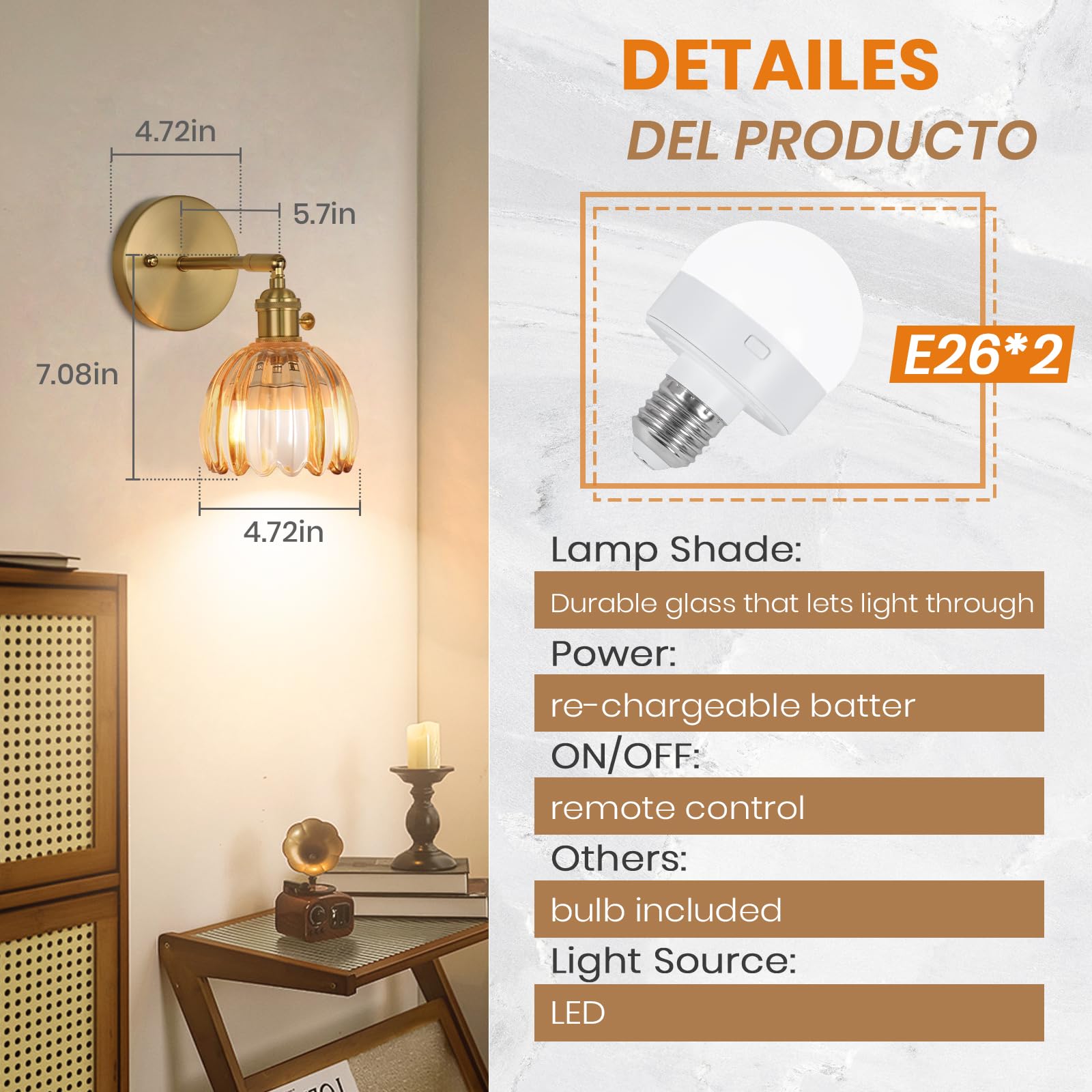EIDEARAY Vintage Wall Sconce Set of Two, Battery Operated, Amber Tulip Glass, Rechargeable with Remote Control, Model YLC-BRO3TB