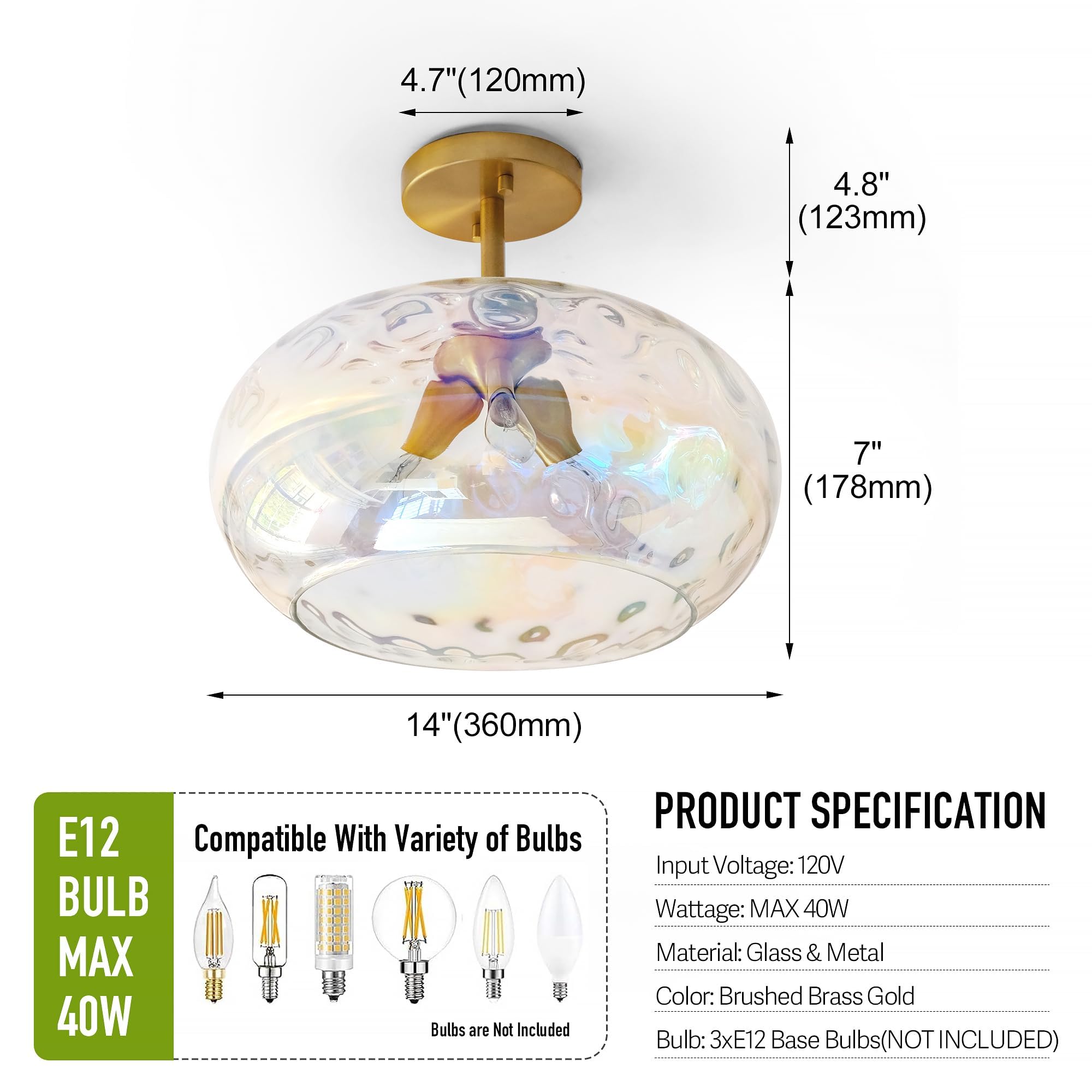 Wrlmfy Brass Gold Semi Flush Mount Ceiling Fixture Large Hammered Glass Shade Modern Close to Ceiling Light 14 Art Lampshade for