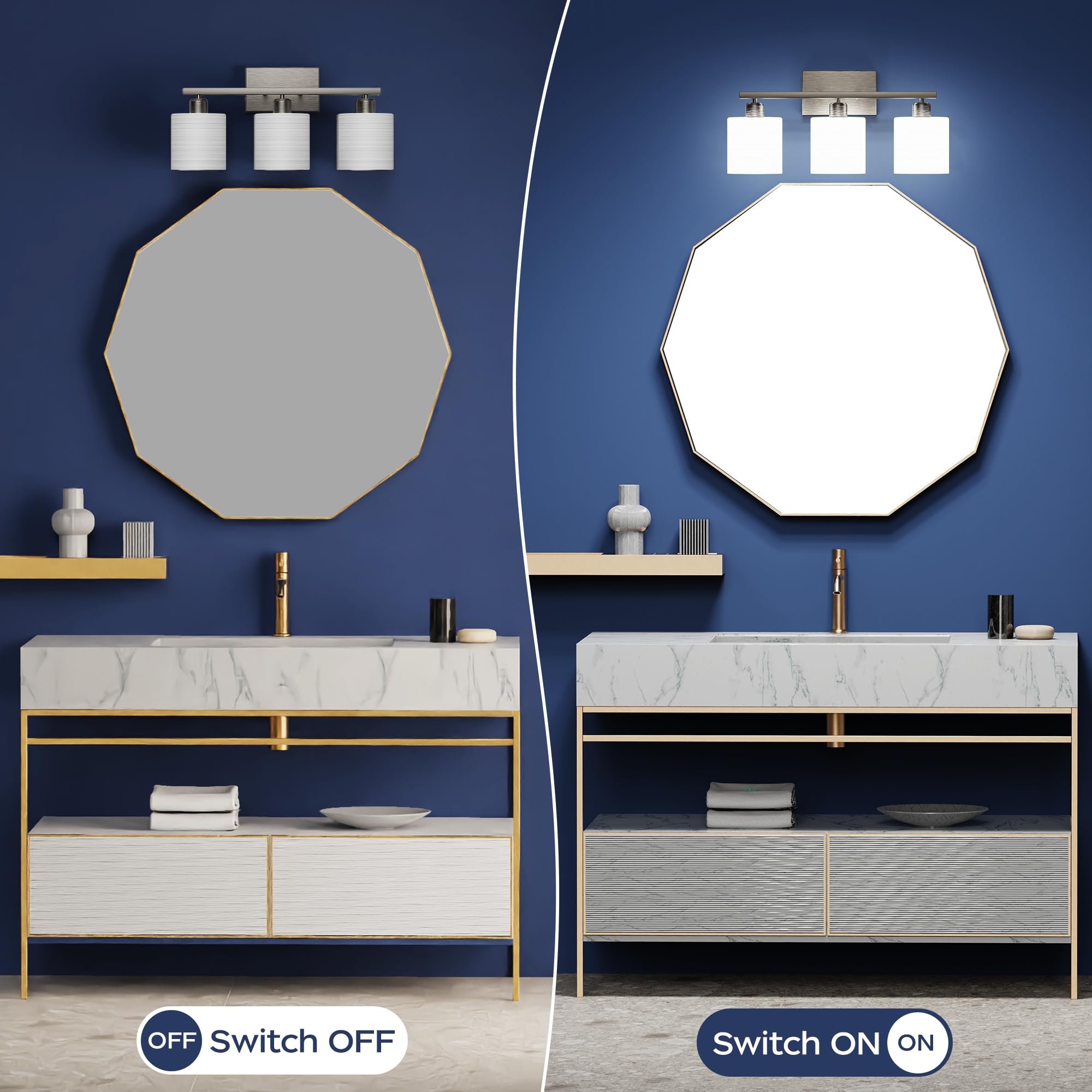PARTPHONER Bathroom Light Fixtures - 3-Light Vanity Lights, Brushed Nickel, Textured Frosted Opal Glass Shades, Model STR0-VL-001