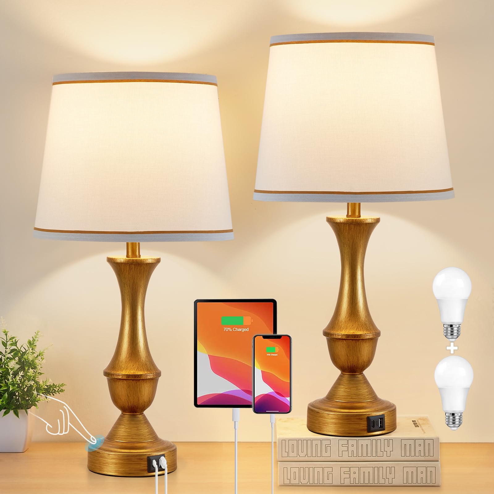 Luvkczc Gold Touch Table Lamps Set of 2, 22'' Bedside Lamps with USB C+A Ports, 3 Way Dimmable Nightstand Lamps with White Lamps