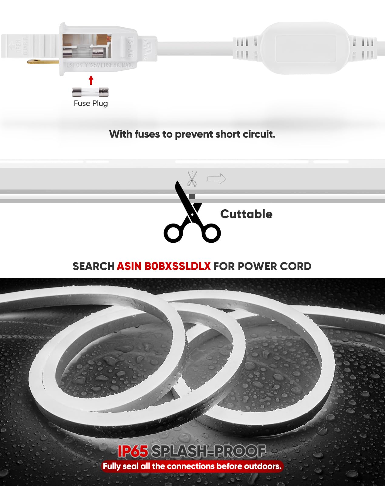 Shine Decor LED Neon Rope Lights 50ft, 6300K Cool White, IP65 Waterproof, Expandable, Cuttable, AC 120V, Model CML-NCW-15M