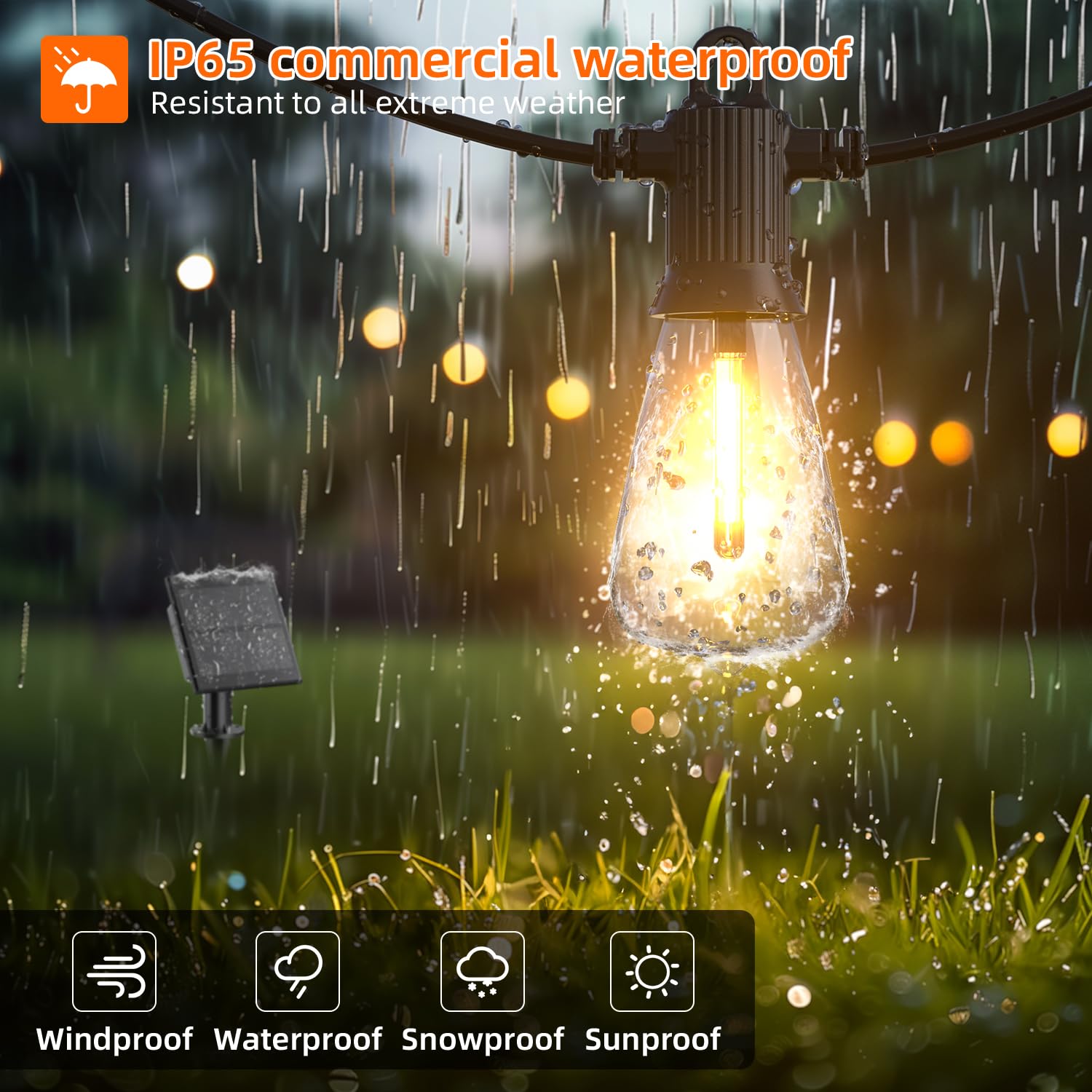 Kawaya Solar Powered String Lights, 50FT, 25+2 Edison Bulbs, USB-Charging, IP65 Waterproof, Black, Model YAST38-50FT