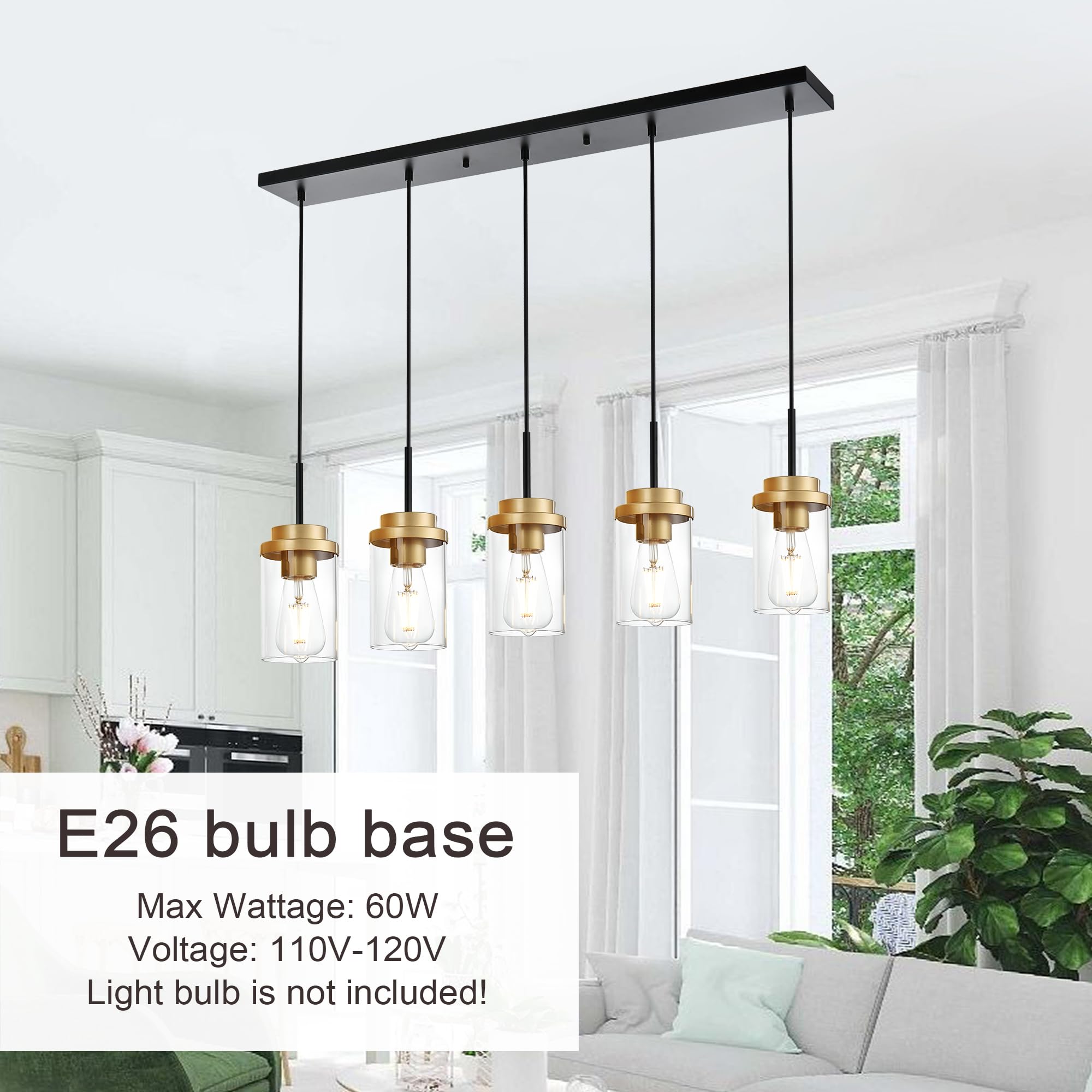 Melucee 5-Lights Adjustable Pendant Light, Black Brass, Modern Chandelier For Dining Room, 40.1 Inches, Clear Glass Shade, Model 4-4501-5D