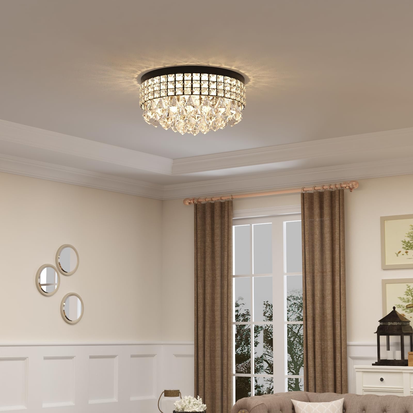 Maxax 4 Lights Crystal Chandelier, Recessed Drum Ceiling Light, Mini Crystal Flush Mount Round Metal Shade Raindrop Chandelier C
