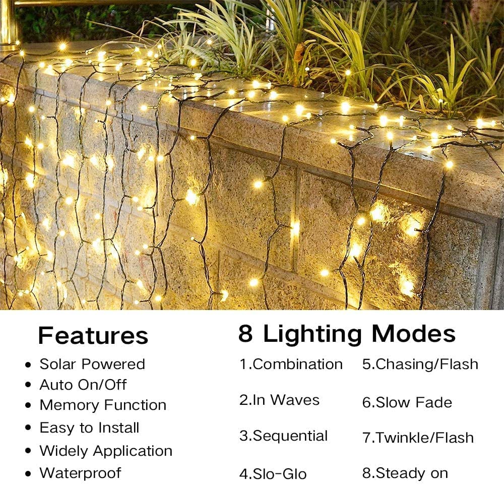 Joomer Solar String Lights, 400LED, 156FT, 8 Lighting Modes, Waterproof Fairy Lights for Garden, Warm White