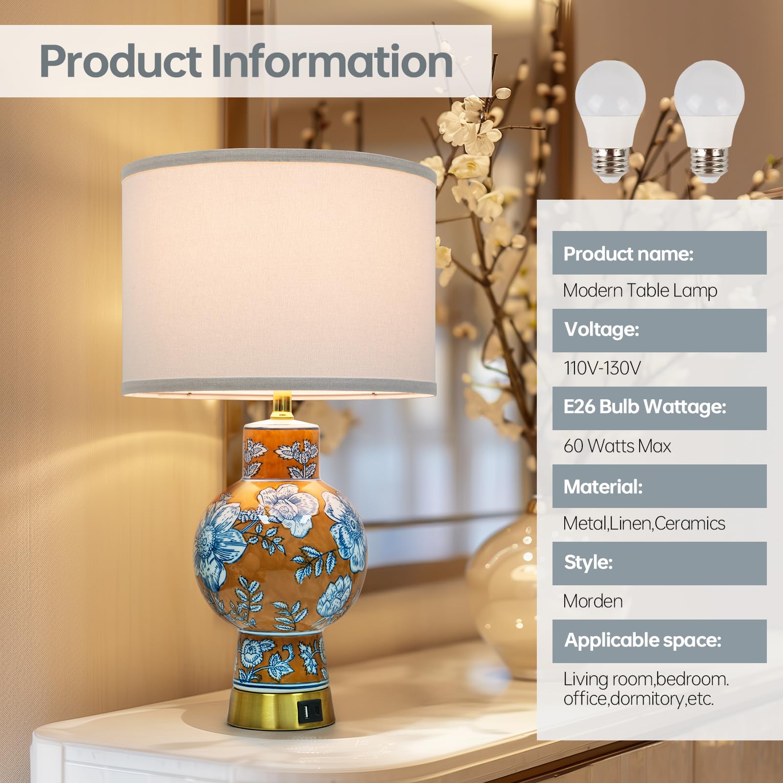 EOEYYOYB Table Lamp - Vase Design, Linen Material, Type-C & USB Ports, Orange, Model 1987, Ideal for Bedroom & Office