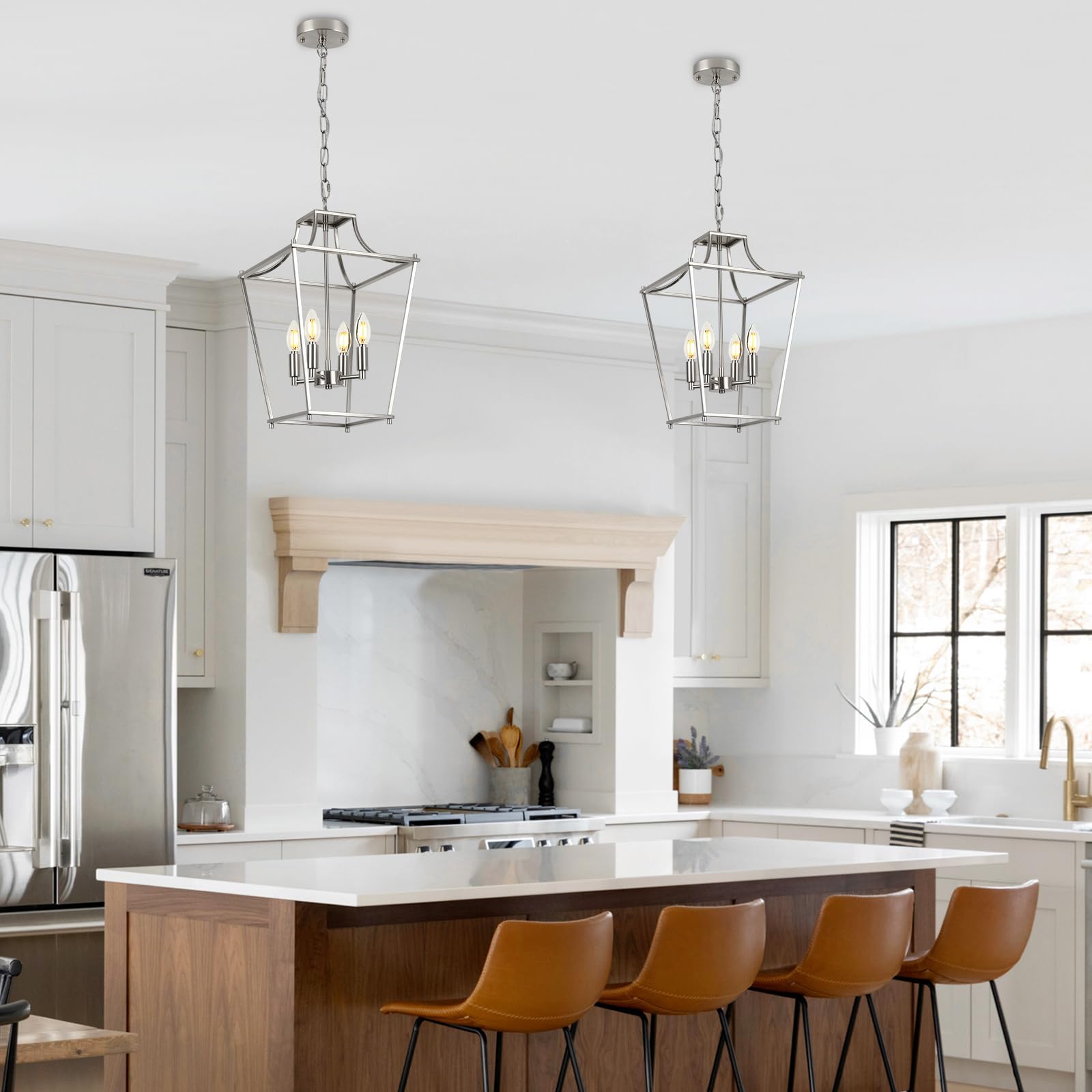Foucasal Lantern Pendant Lights, 12'' Brushed Nickel Pendant Light Fixtures, 4-Light Adjustable Pendant Lighting For Kitchen Isl