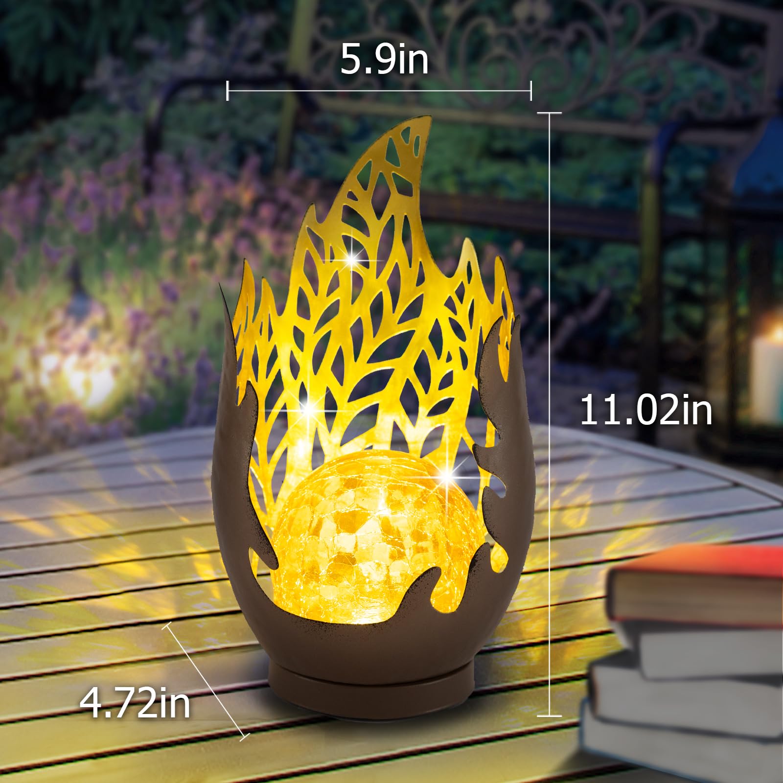 Huaxu Solar Lights Outdoor Decor Waterproof Metal Cracked Glass Globe With Copper Flame Effect, Table Decorations Led Lamp Gift