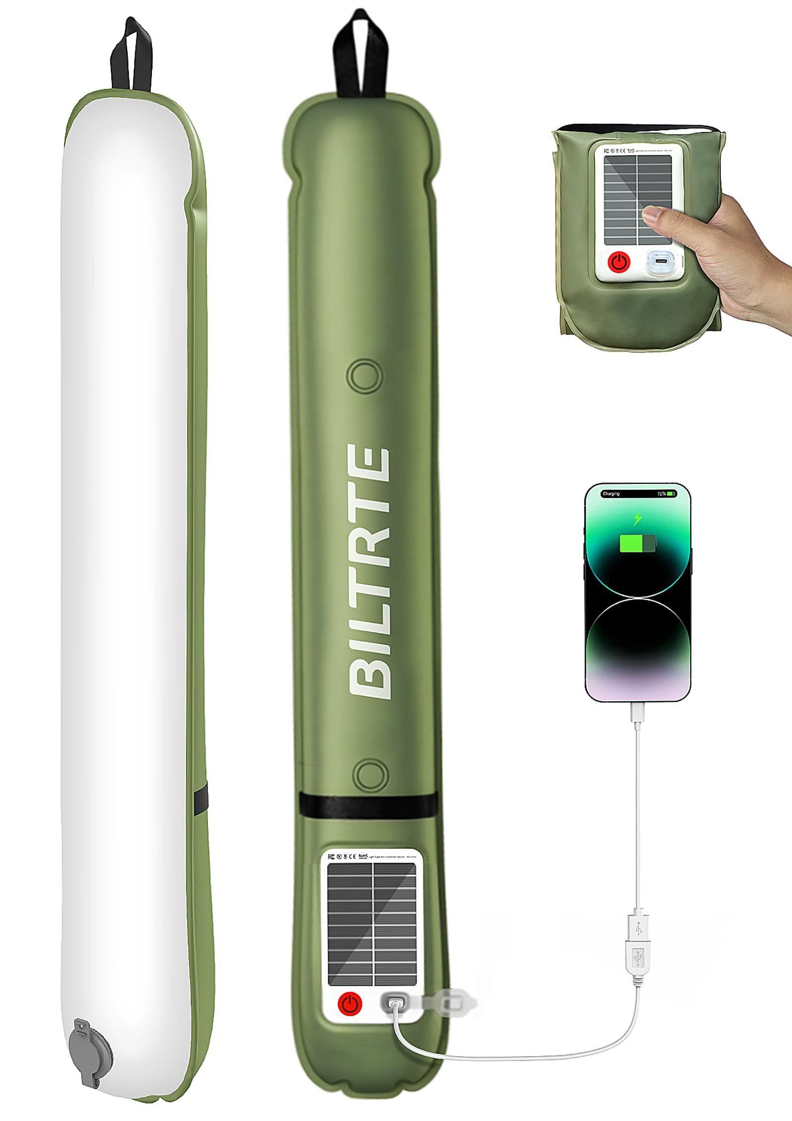 BILTRTE Solar Camping Lantern, Rechargeable & Waterproof LED Lights, 4 Modes, 24in, 2 Pack, Green, Model S60