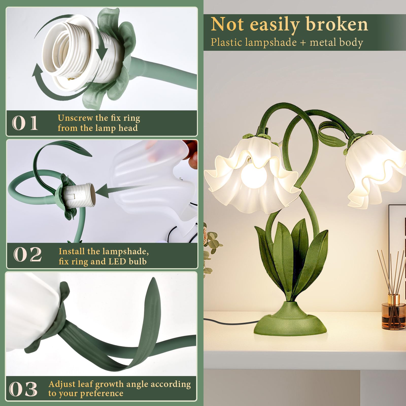 Cute Flower Table Lamp  Large Vintage Bedside Flower Lamp  3 Colors Temperature Flower Lamp For Bedroom Living Room Bedside Reading Lighting Table Desk Lamps Home Decoration (Green)