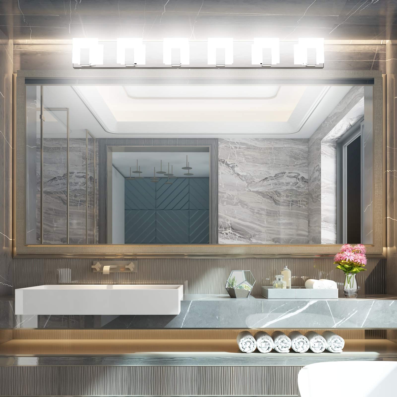 Aipsun Modern LED Bathroom Vanity Light, 6 Lights, Stainless Steel, Chrome, Model Ca-1105-6T, White Light 6000K