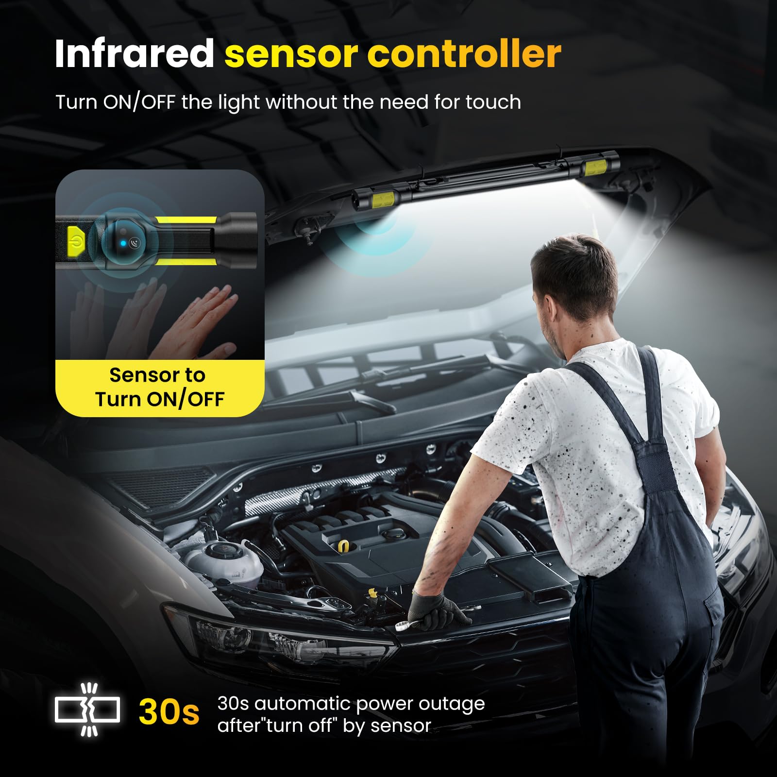 Work Light?Auto On/Off? 3000Lm Led Magnetic Work Light Bar 5200Mah Under Hood Work Light With Hooks, Portable Magnetic Rechargea