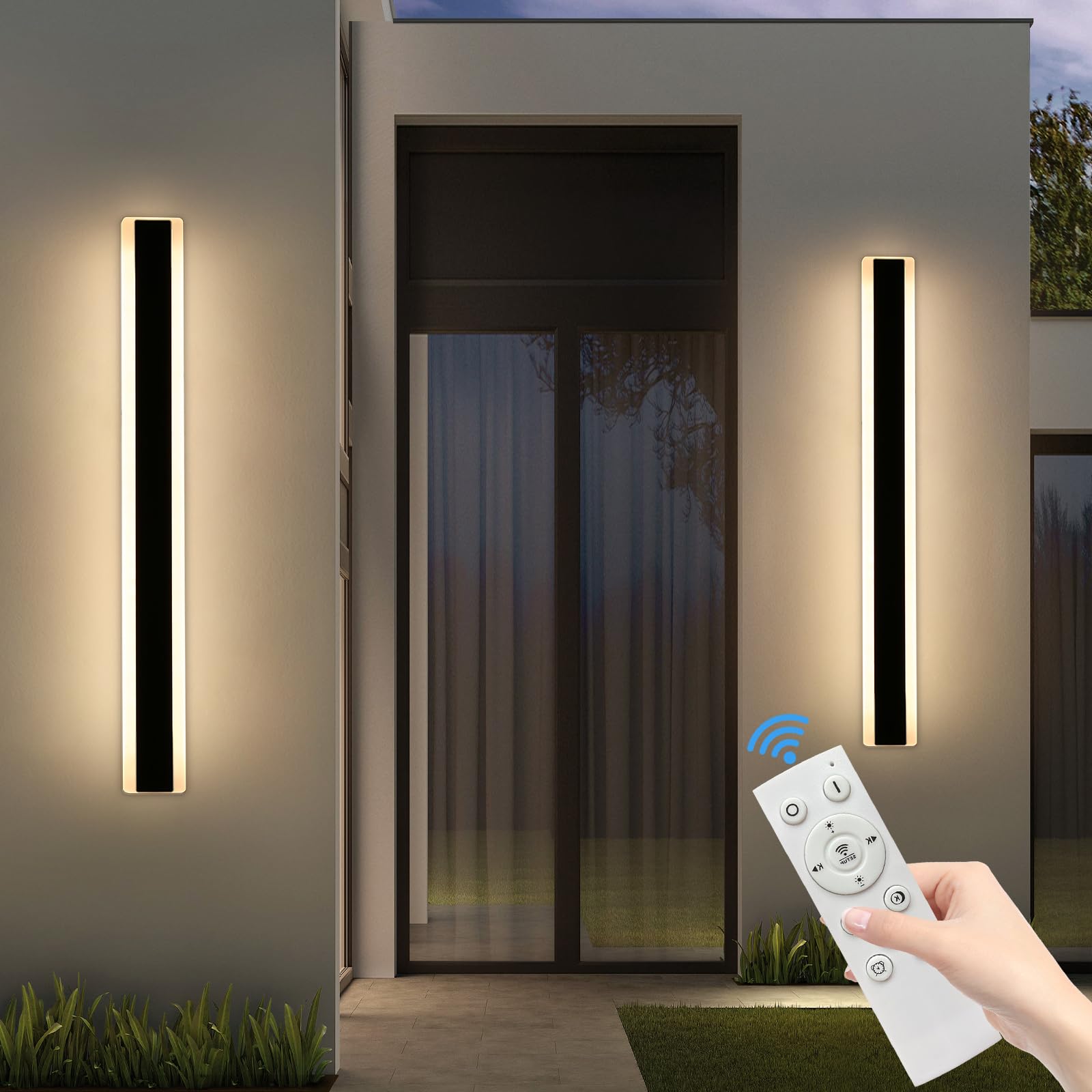 Daoseolo 2 Pack 31.4Inch Modern Outdoor Led Wall Sconce, Dimmable 3000K-6000K With Remote Control, Ip65 Waterproof Black Aluminium Long Exterior Wall Light Fixture For Porch, Patio, Garage, Yard