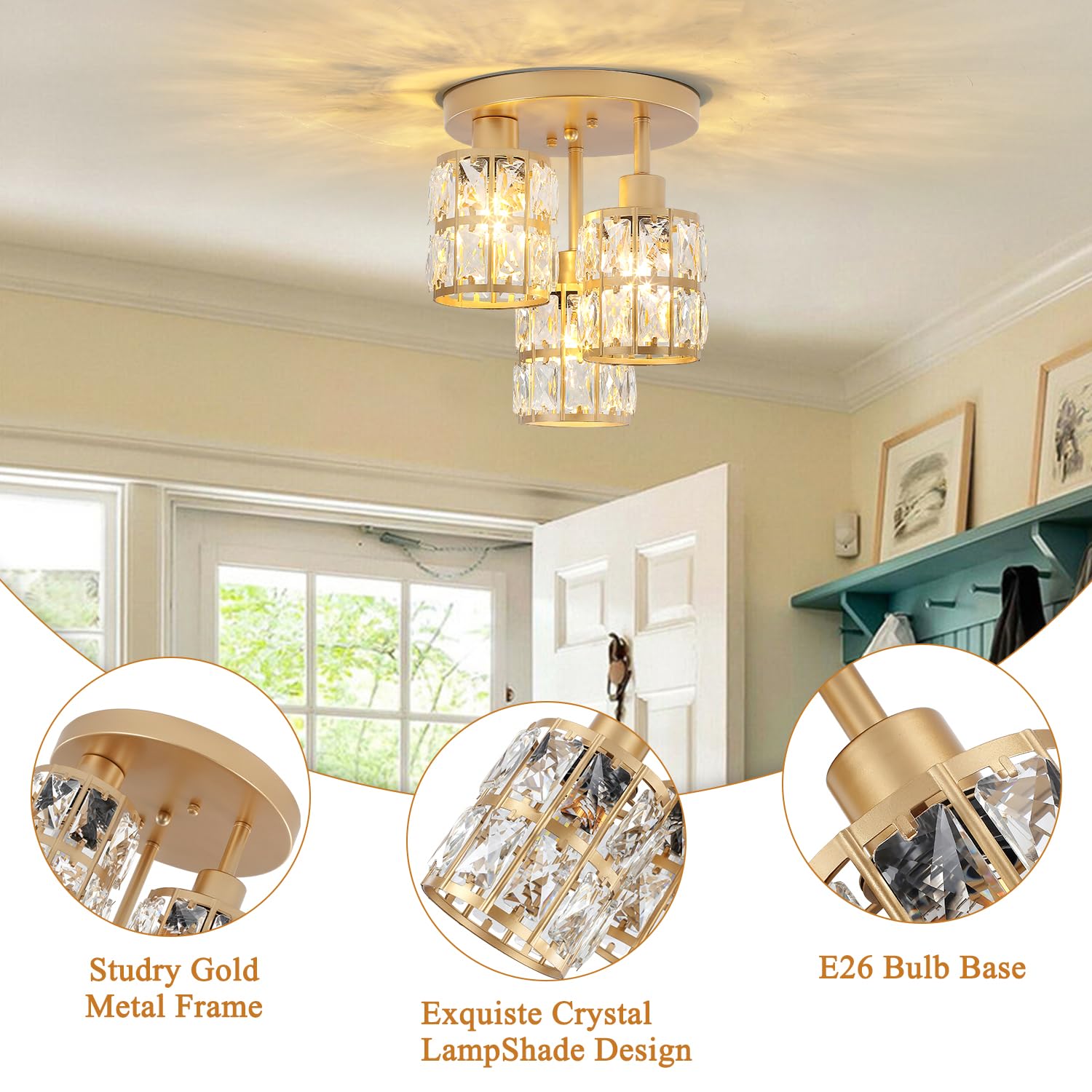 Puzhi Home Elegant Crystal Semi Flush Mount Ceiling Light, Modern 3-Light Chandelier For Dining, Kitchen, Living & Bedroom - Gol